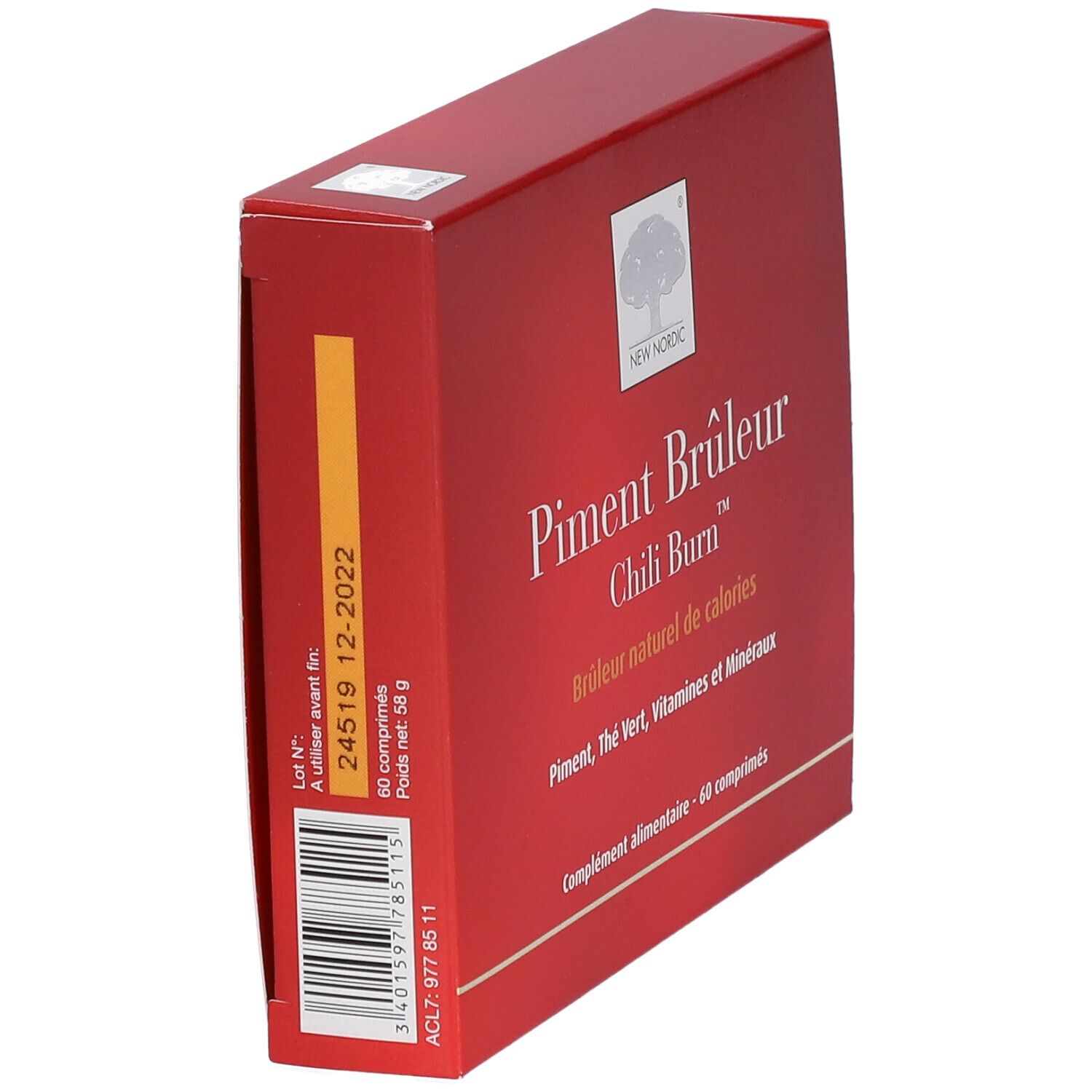 Boîte rouge avec numéro de lot et date de péremption, 60 comprimés.