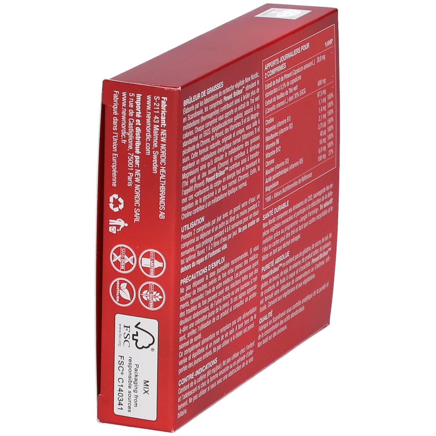 Arrière de la boîte rouge avec ingrédients et instructions d'utilisation.