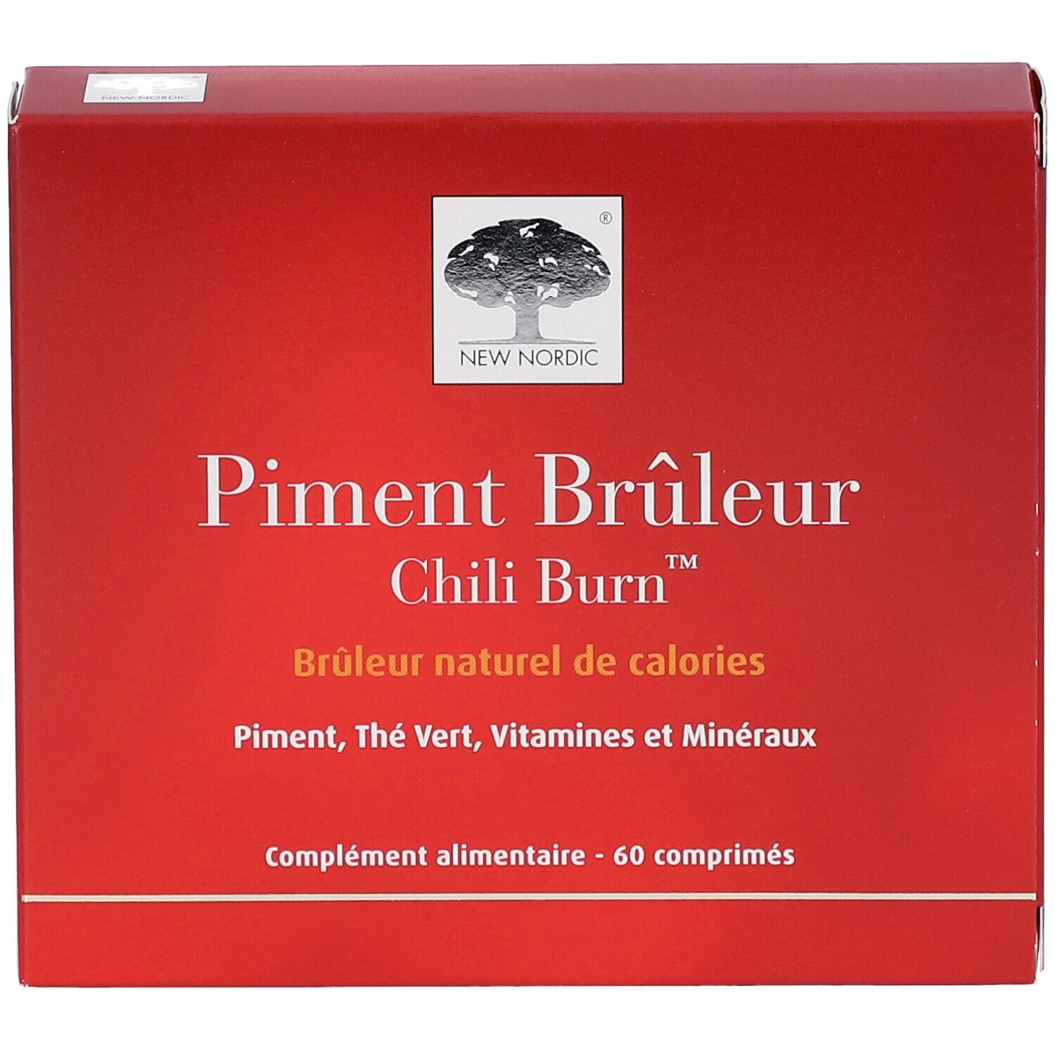 Boîte rouge "Piment Brûleur Chili Burn", contient 60 comprimés.