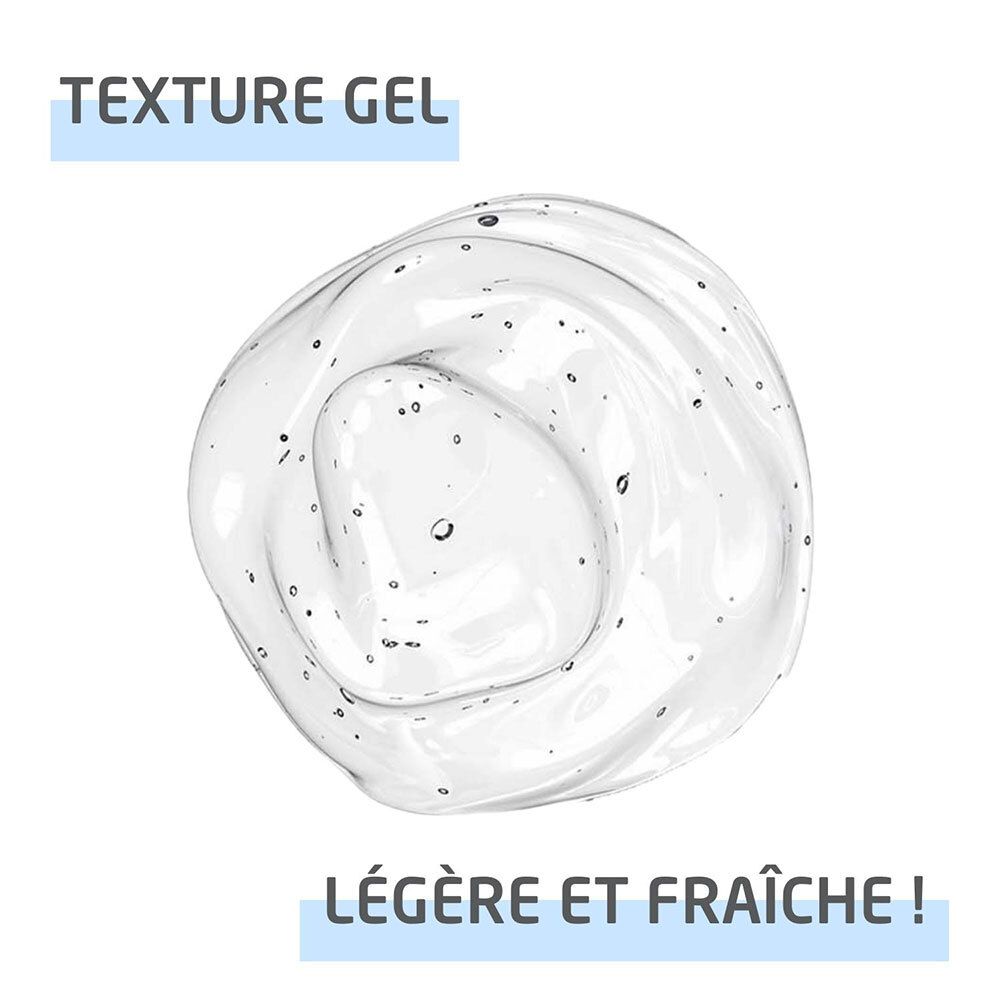 Gros plan sur du gel transparent. Texte: Texture gel, légère et fraîche!