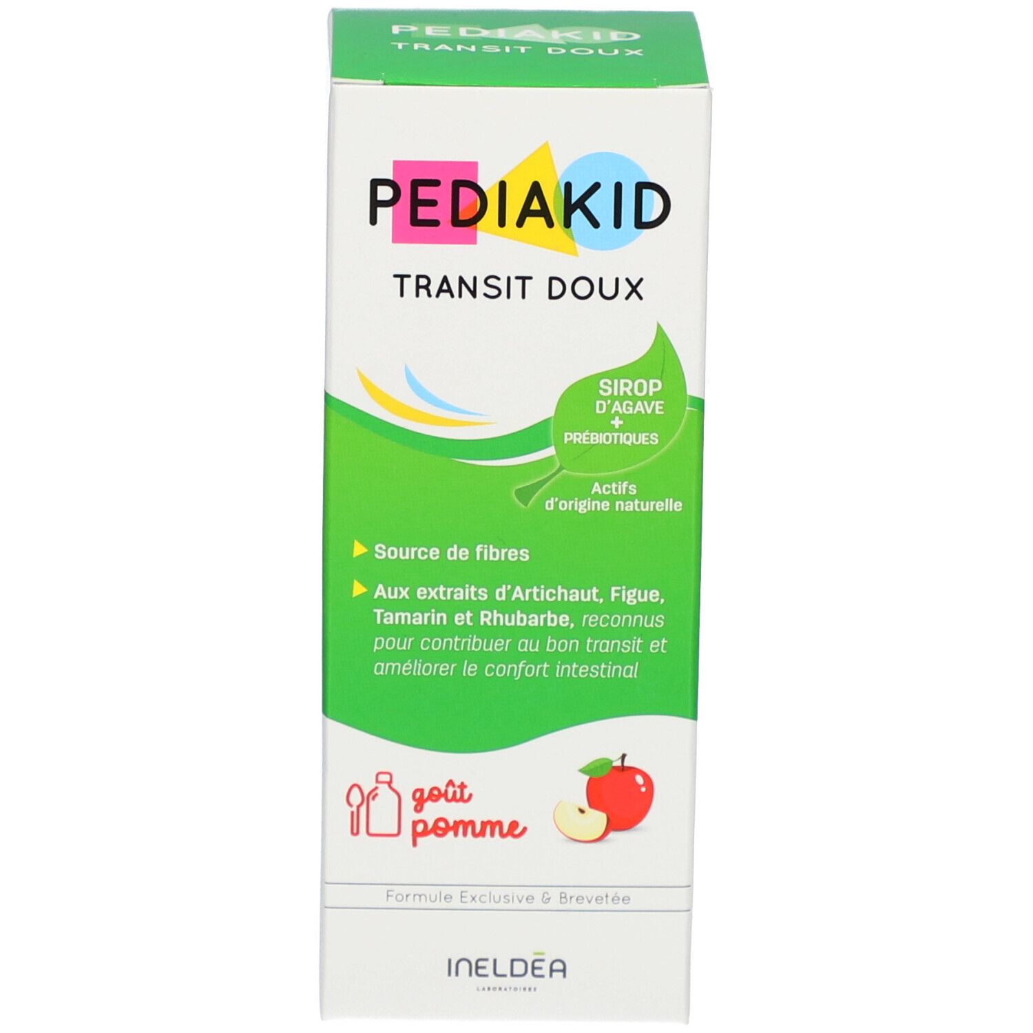 Pediakid Transit Doux. Emballage. Goût pomme. Avec probiotiques. Ingrédients naturels.