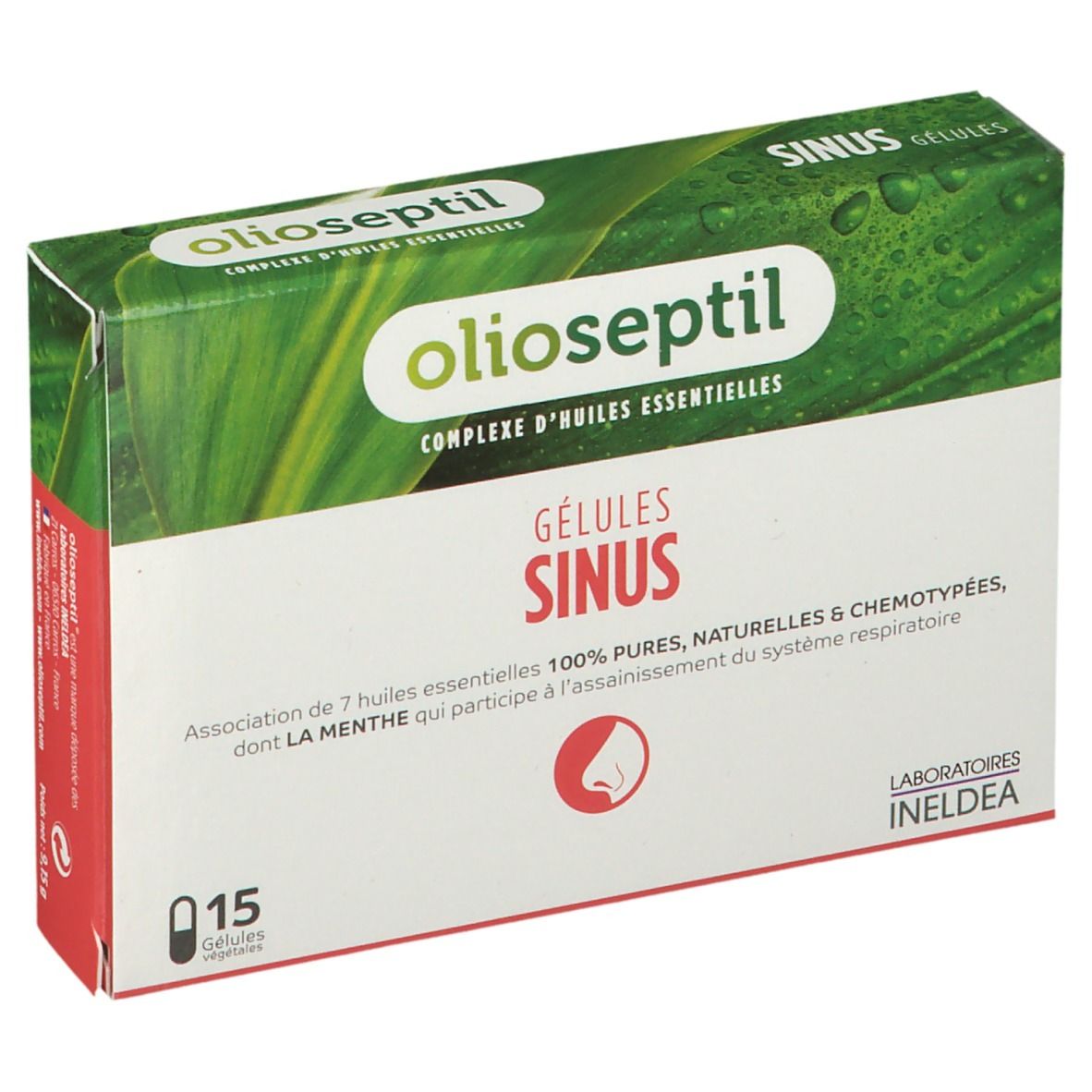 Boîte de gélules Olioseptil Sinus. 15 gélules. Design vert et blanc avec nom et logo du produit. Logo Ineldea.
