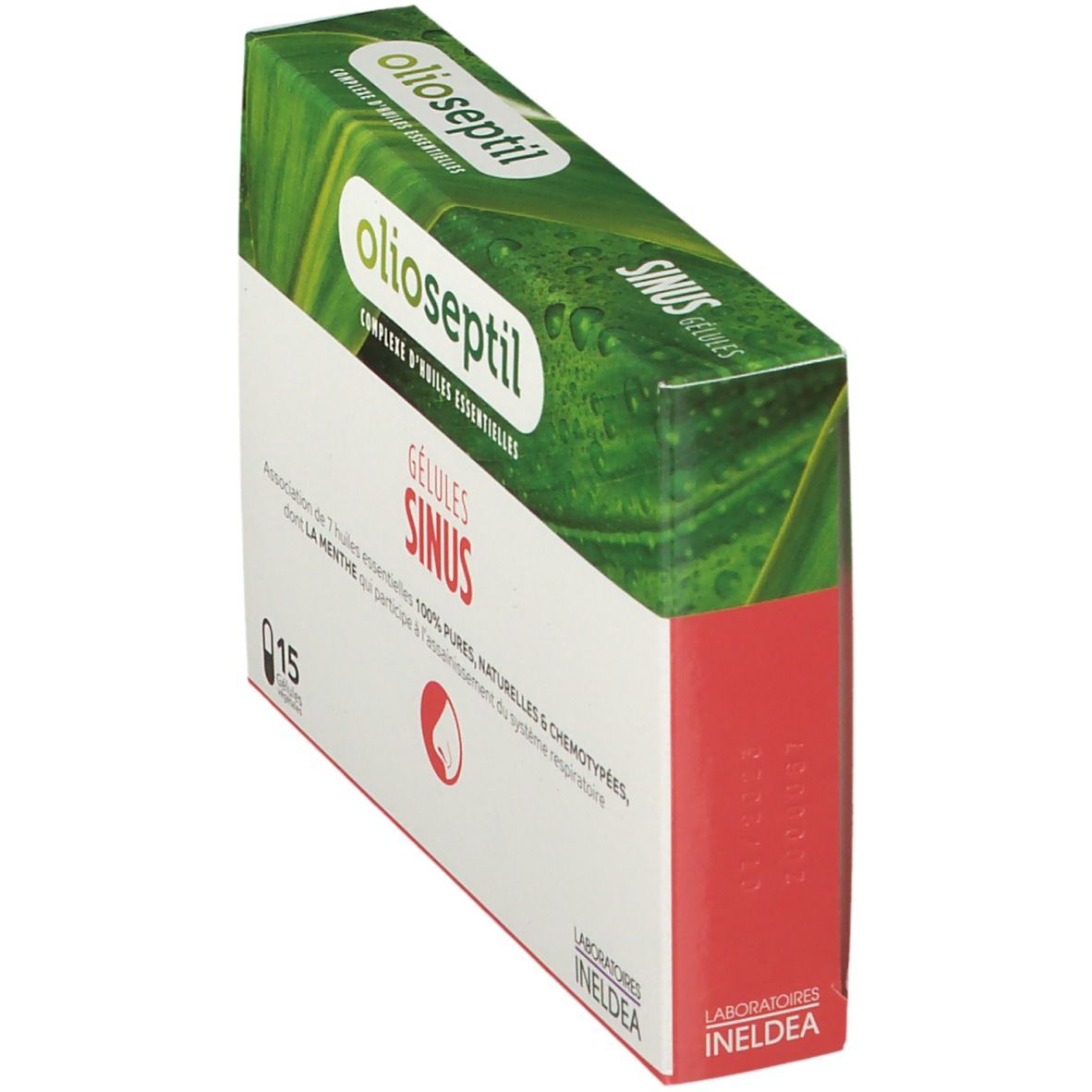 Boîte de gélules Olioseptil Sinus. 15 gélules. Design vert et blanc avec nom et logo du produit. Logo Ineldea.