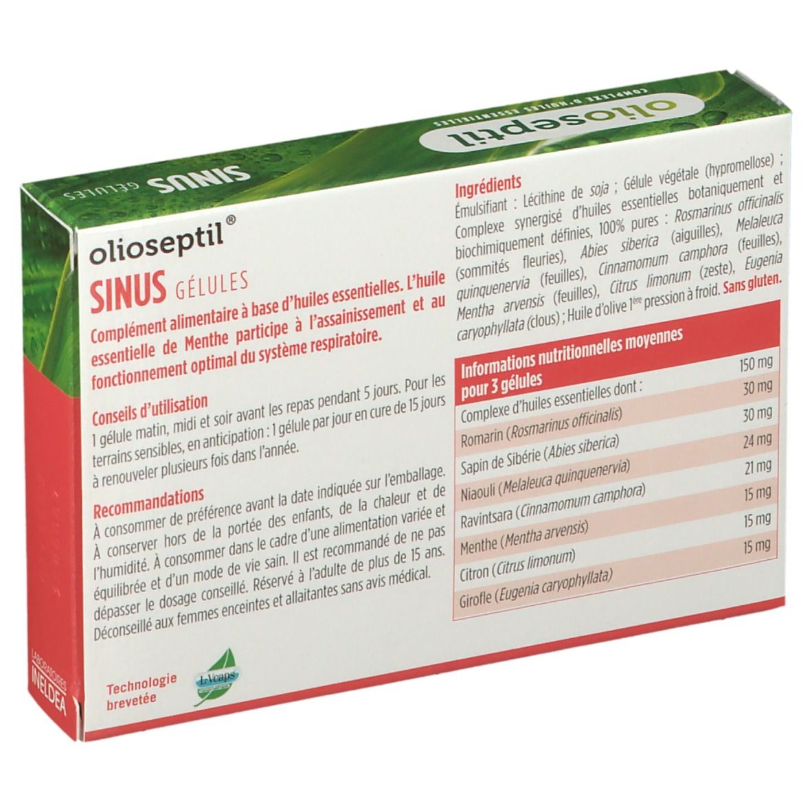 Dos de la boîte de gélules Olioseptil Sinus. Contient ingrédients, informations nutritionnelles et fabricant. Logo Ineldea.