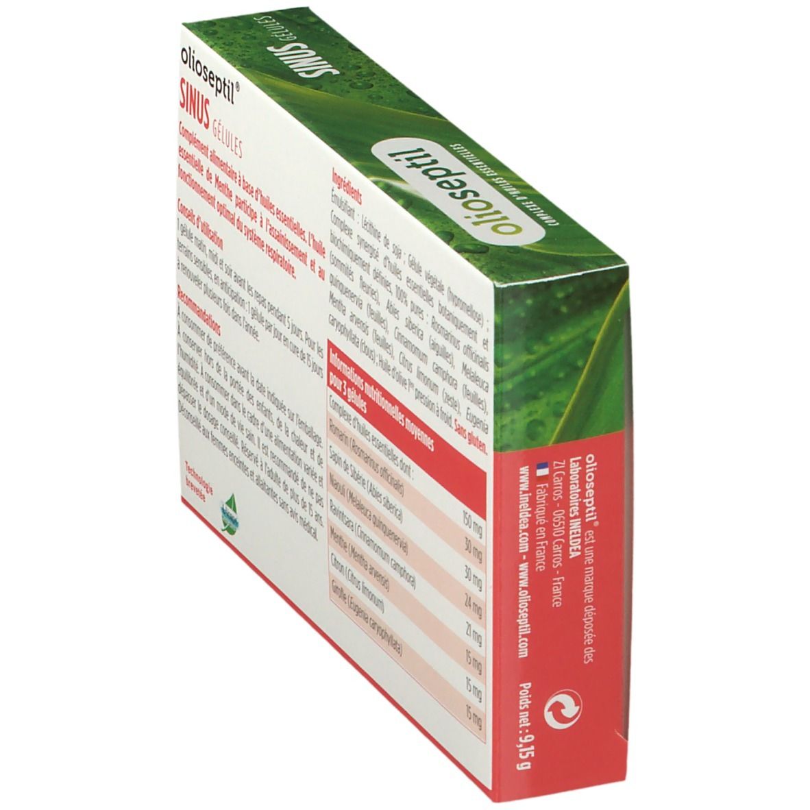 Dos de la boîte de gélules Olioseptil Sinus. Contient ingrédients, informations nutritionnelles et fabricant. Logo Ineldea.
