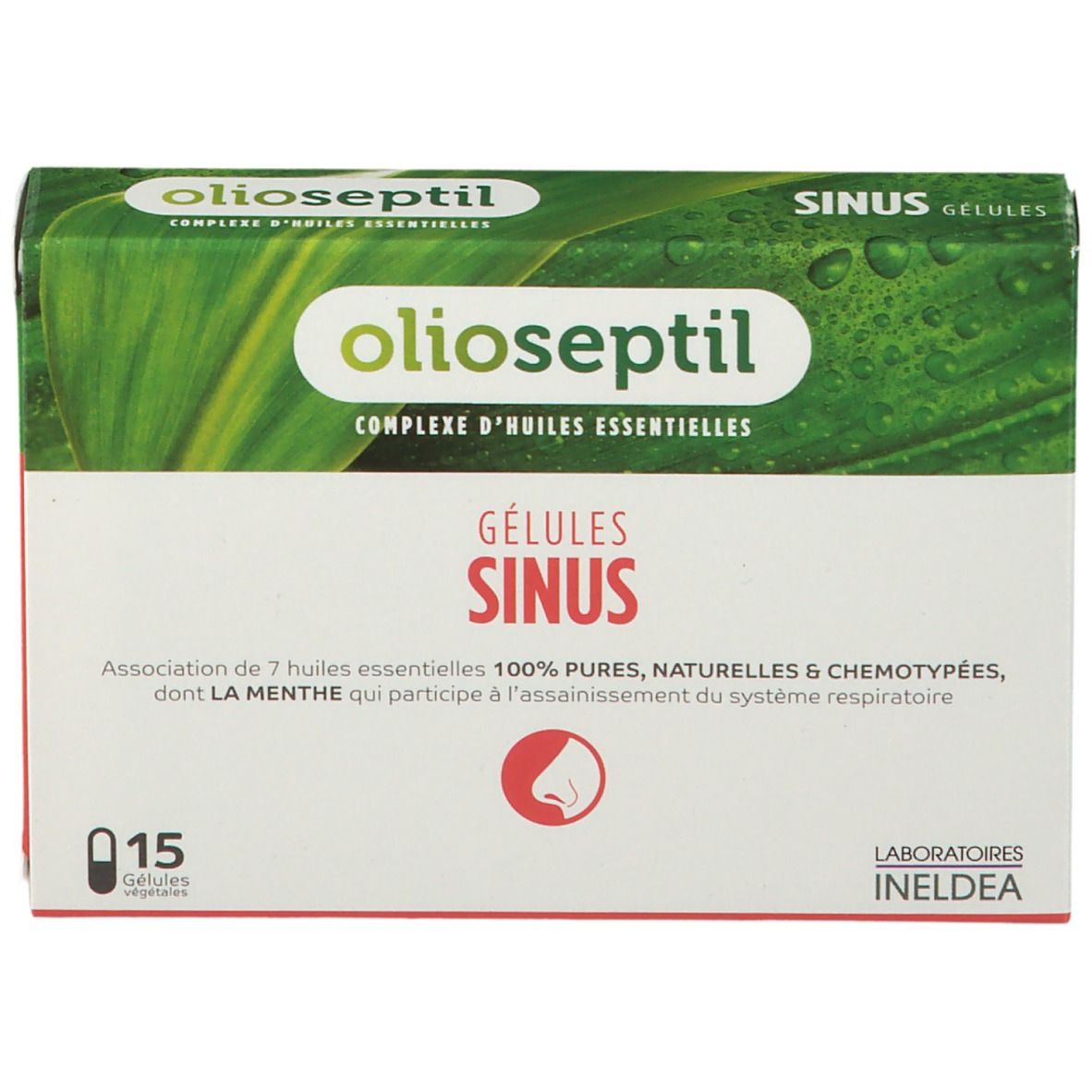 Boîte de gélules Olioseptil Sinus. 15 gélules. Design vert et blanc avec nom et logo du produit. Logo Ineldea.