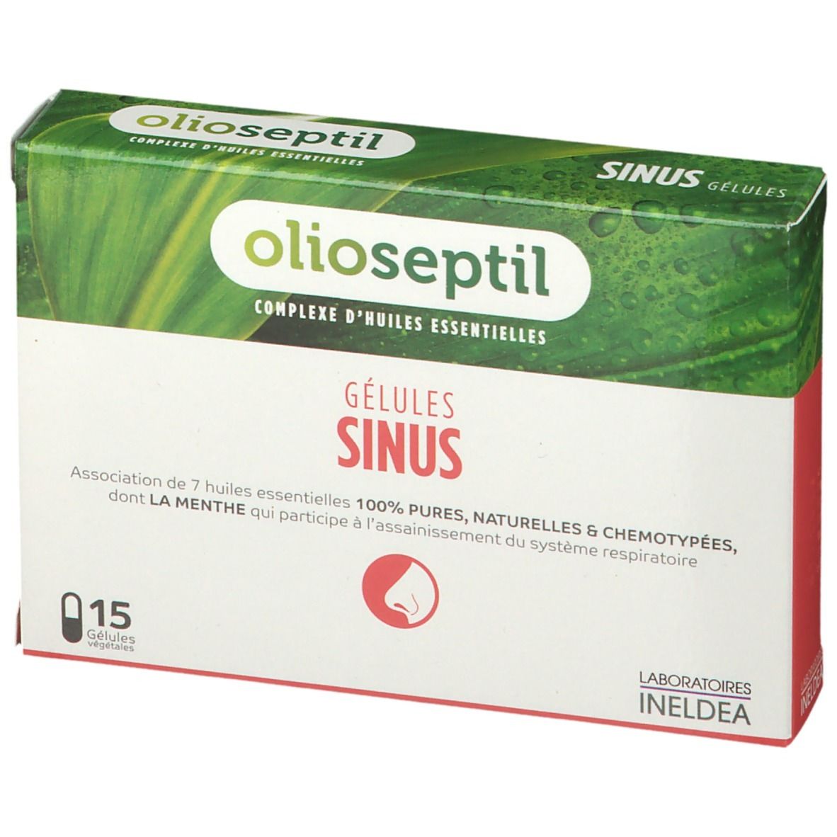Boîte de gélules Olioseptil Sinus. 15 gélules. Design vert et blanc avec nom et logo du produit. Logo Ineldea.