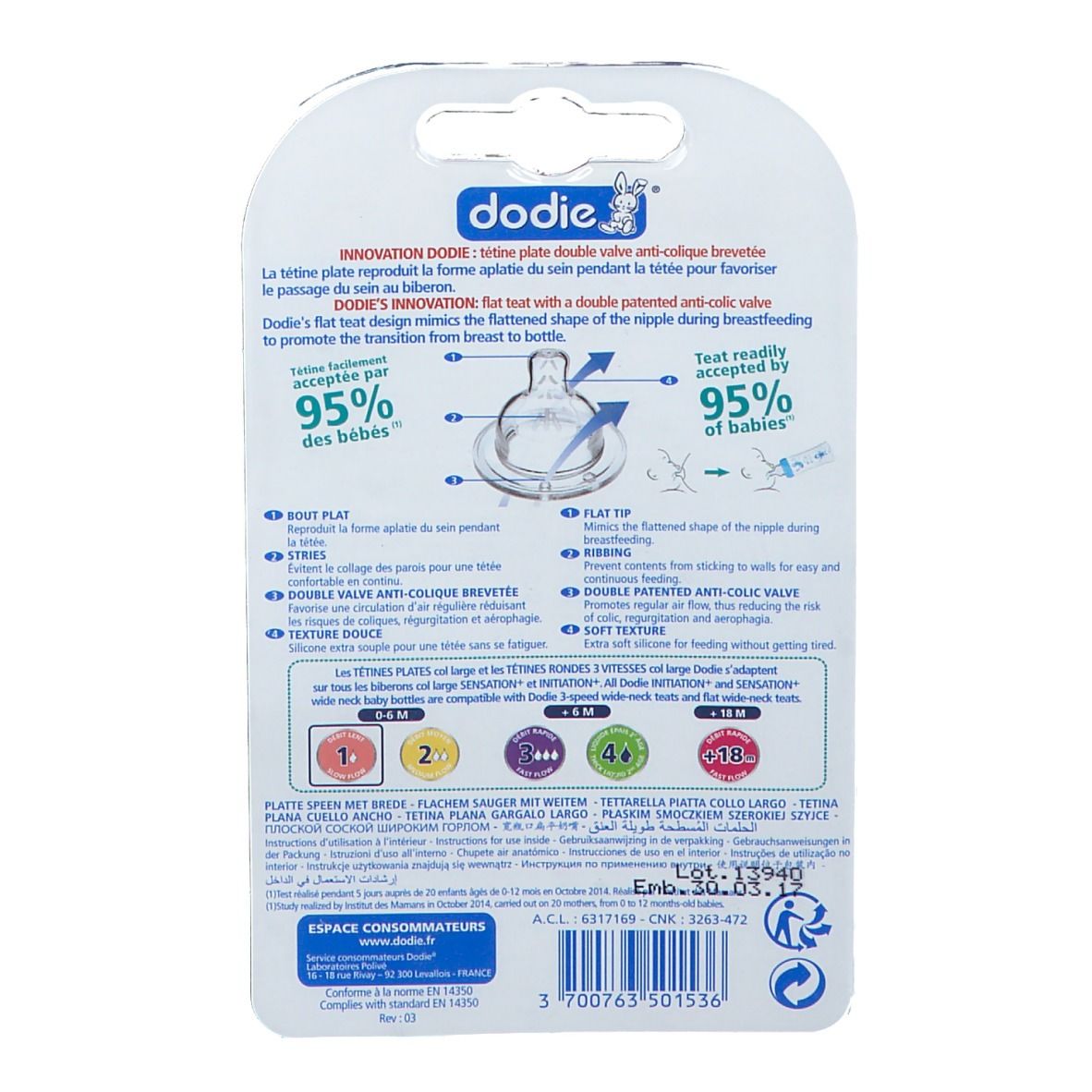 dodie® Sensation + tétine en silicone 1er âge débit 1