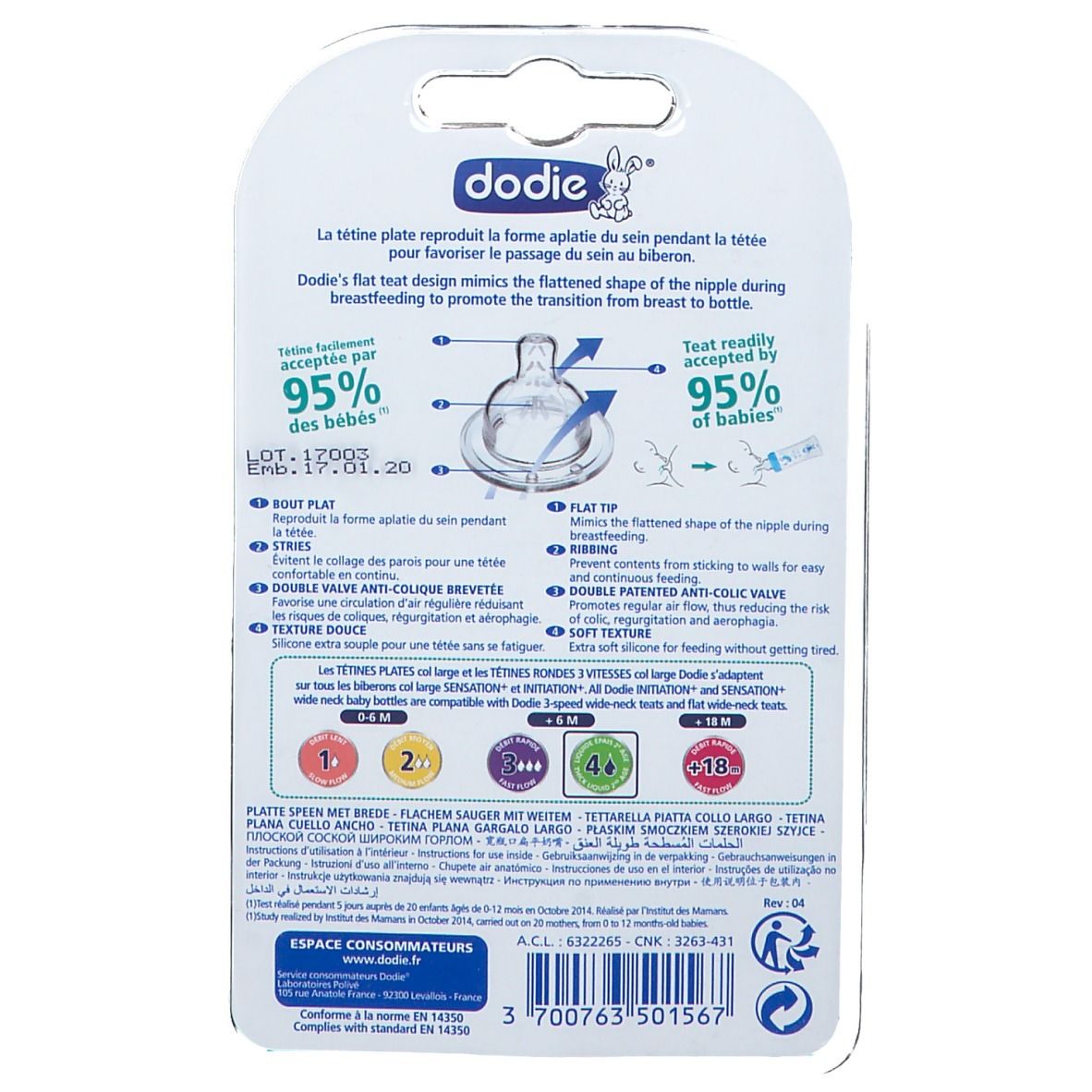 dodie® Sensation+ tétine en silicone 2ème âge débit 4
