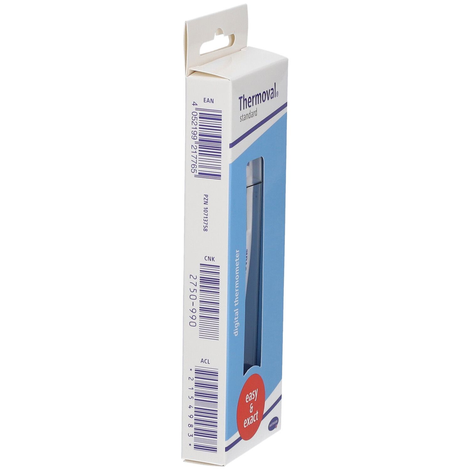 Vue latérale de l'emballage du thermomètre Thermoval Standard avec code-barres et informations produit.