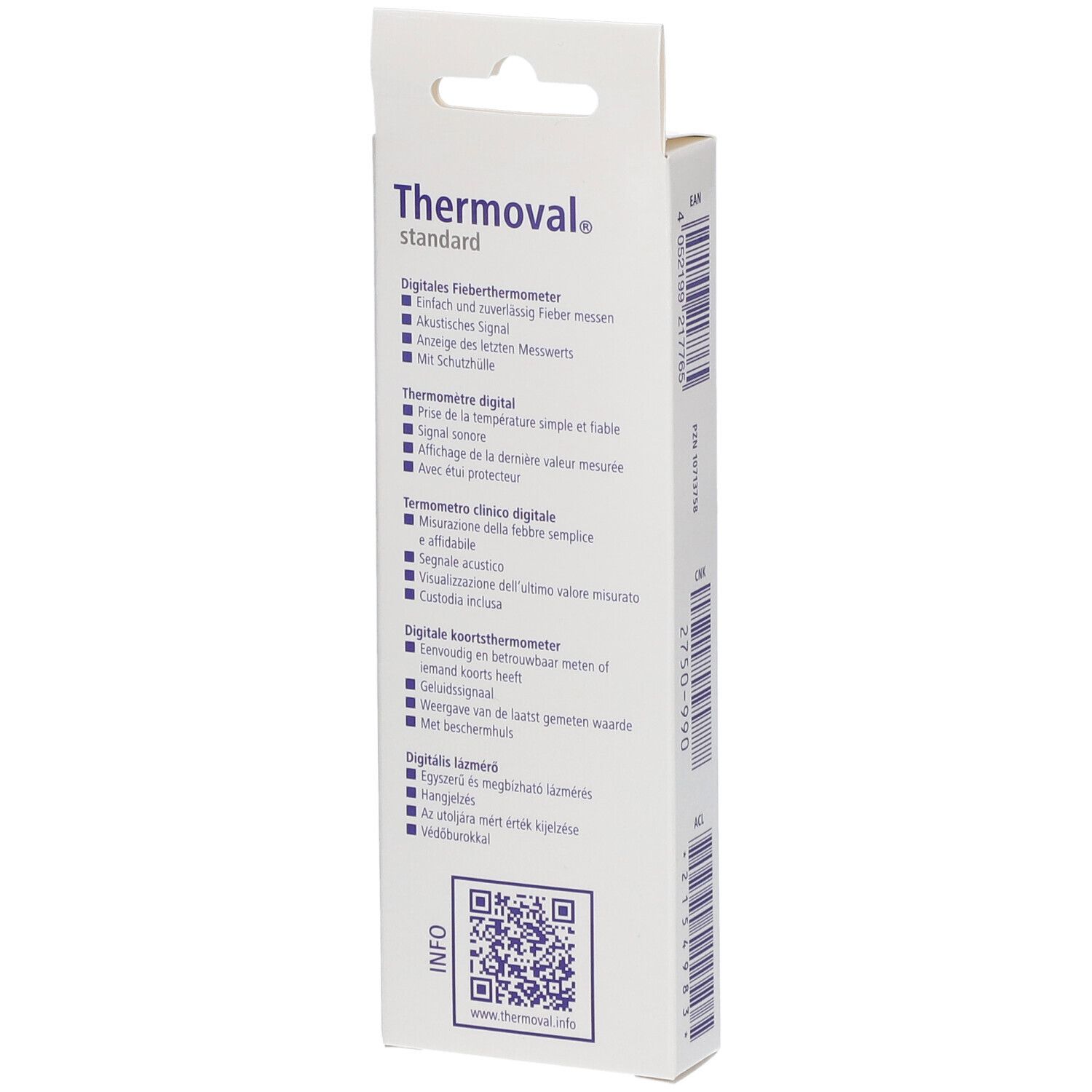 Arrière de l'emballage du thermomètre Thermoval Standard avec caractéristiques produit multilingues et QR code.