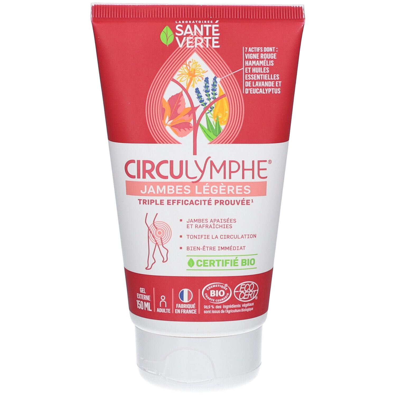 Tube rouge et blanc Circulymphe. Inscription "Jambes légères". Certifié Bio. Illustration de jambes.