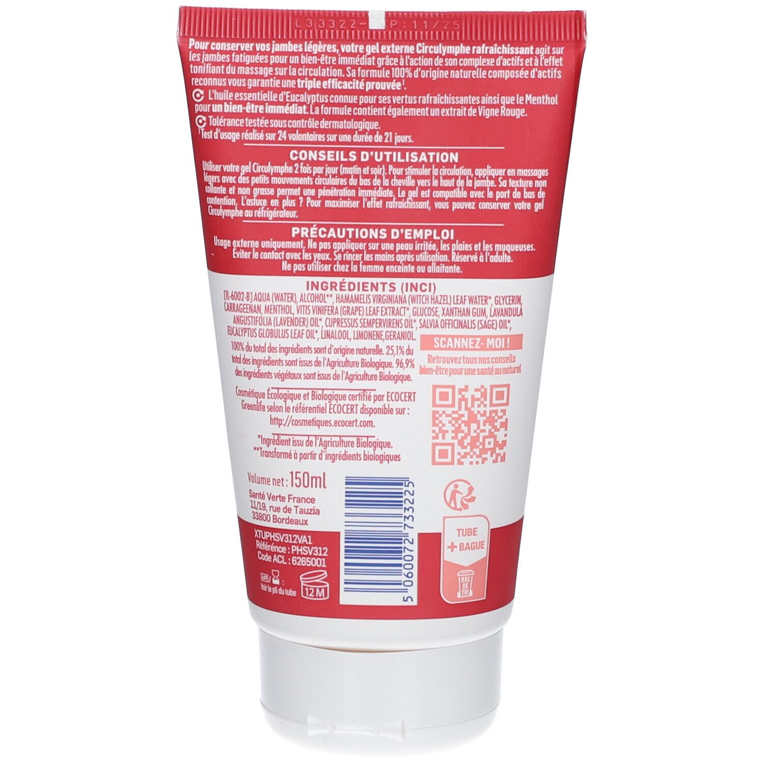 Dos d'un tube rouge. Texte: ingrédients, conseils d'utilisation, informations fabricant, QR code, certification Bio.