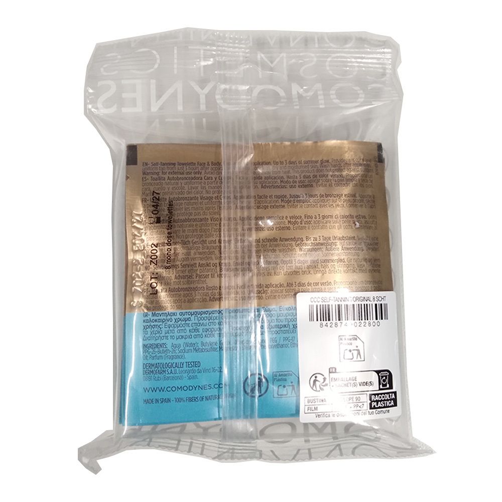 Dos du paquet de lingettes autobronzantes. Informations textuelles sur fond doré. Emballage plastique transparent.