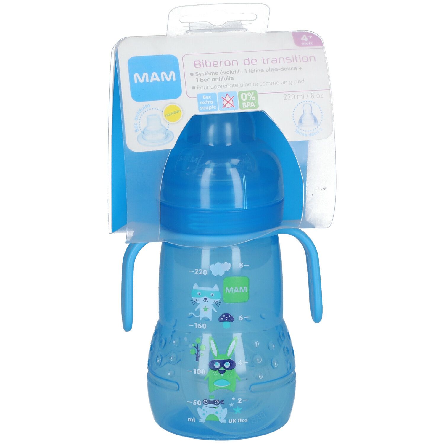 MAM Biberon transition 220 ml - bec silicone bleu