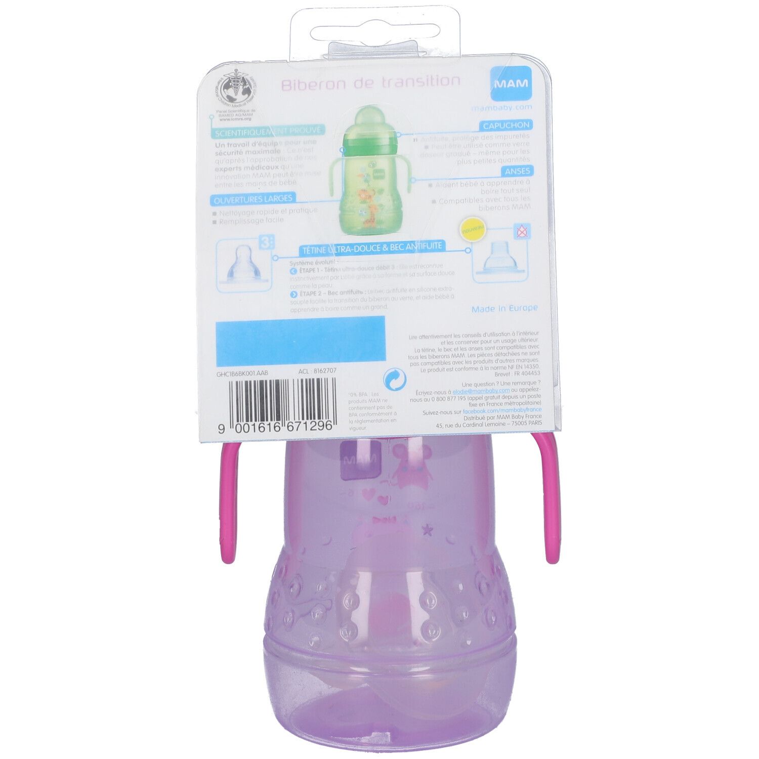 Biberon De Transition MAM 4+ Mois (220 Ml) - Avec Tétine Débit 3 Et Bec Anti-fuite - Poignées Ergonomiques Pour Apprendre à Boire Seul