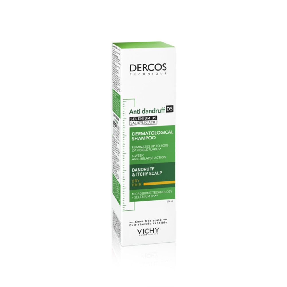 Boîte. Texte: Dercos, Anti-pelliculaire, shampooing dermatologique. Élimine jusqu'à 100% des pellicules visibles.
