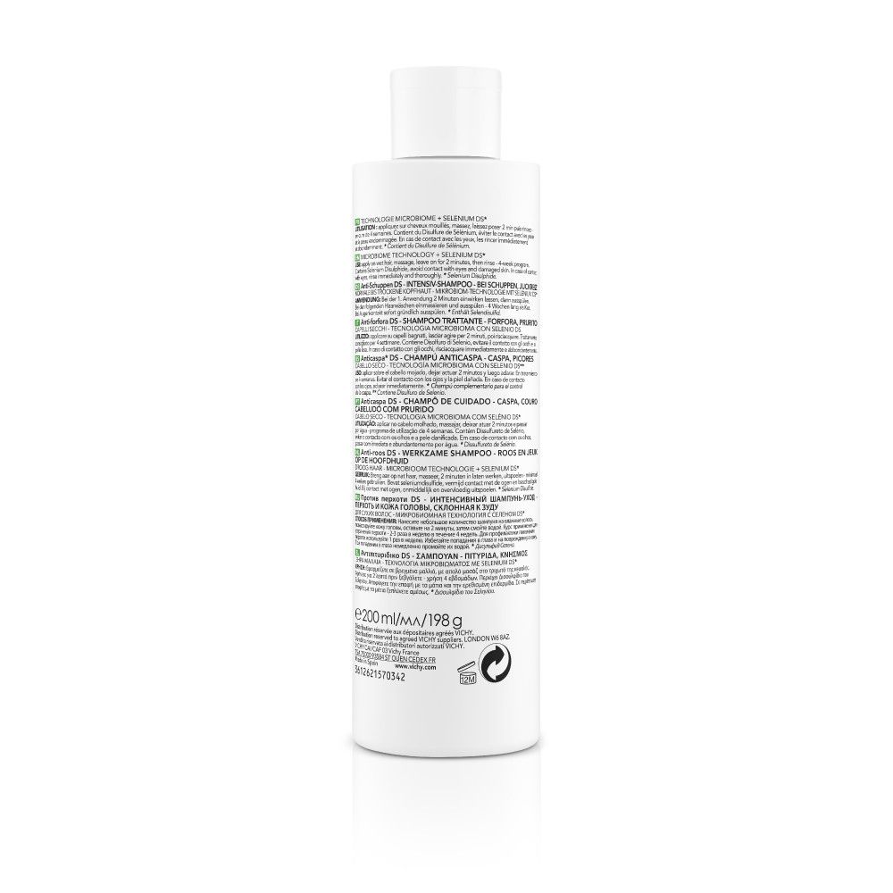 Dos du flacon de shampooing. Texte: Dercos, shampooing dermatologique.