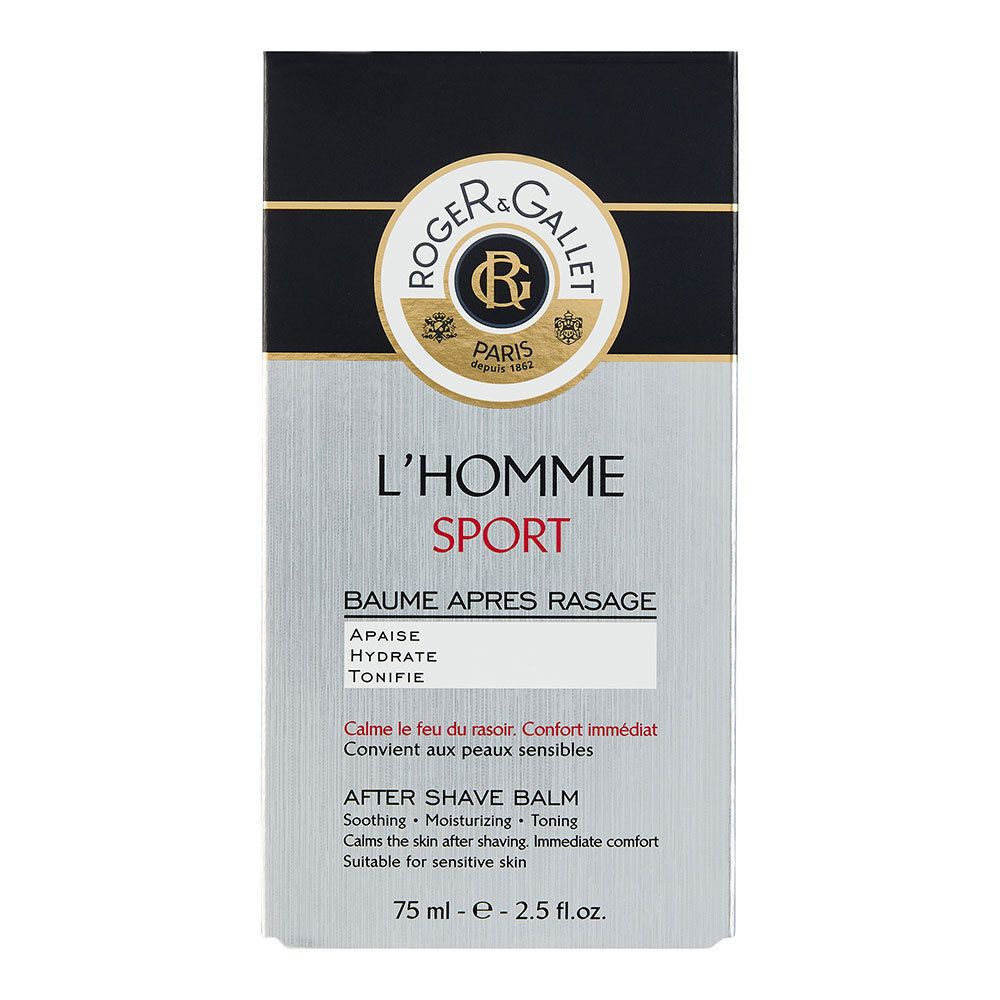 Boîte de baume après-rasage. Logo Roger & Gallet. Texte: L'Homme Sport, Baume Après Rasage, 75 ml.
