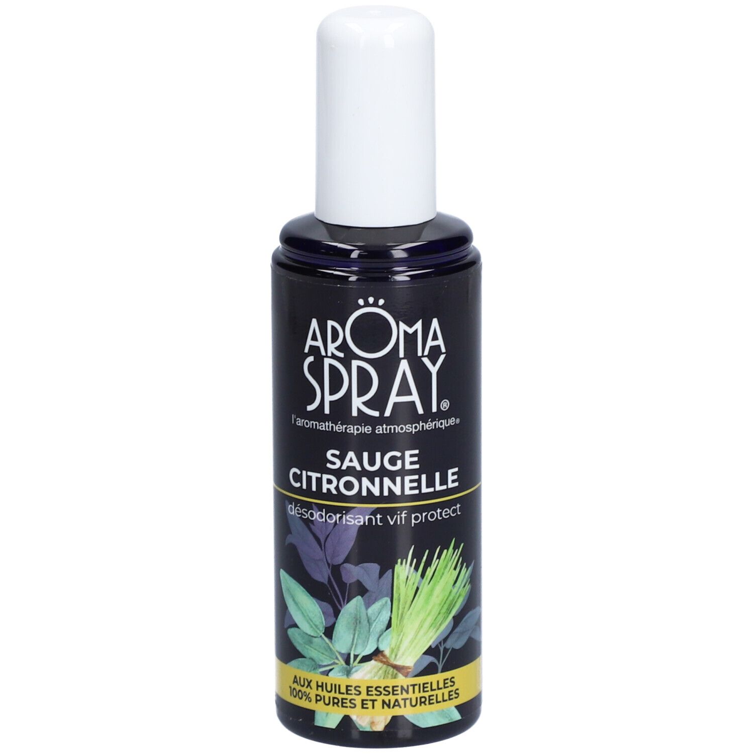 Flacon bleu foncé avec bouchon blanc. Inscription: Aroma Spray, Sauge Citronnelle. Illustrations.