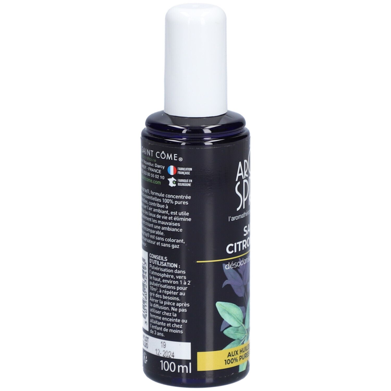 Flacon bleu foncé avec bouchon blanc. Inscription: Aroma Spray, Sauge Citronnelle. Texte au dos.