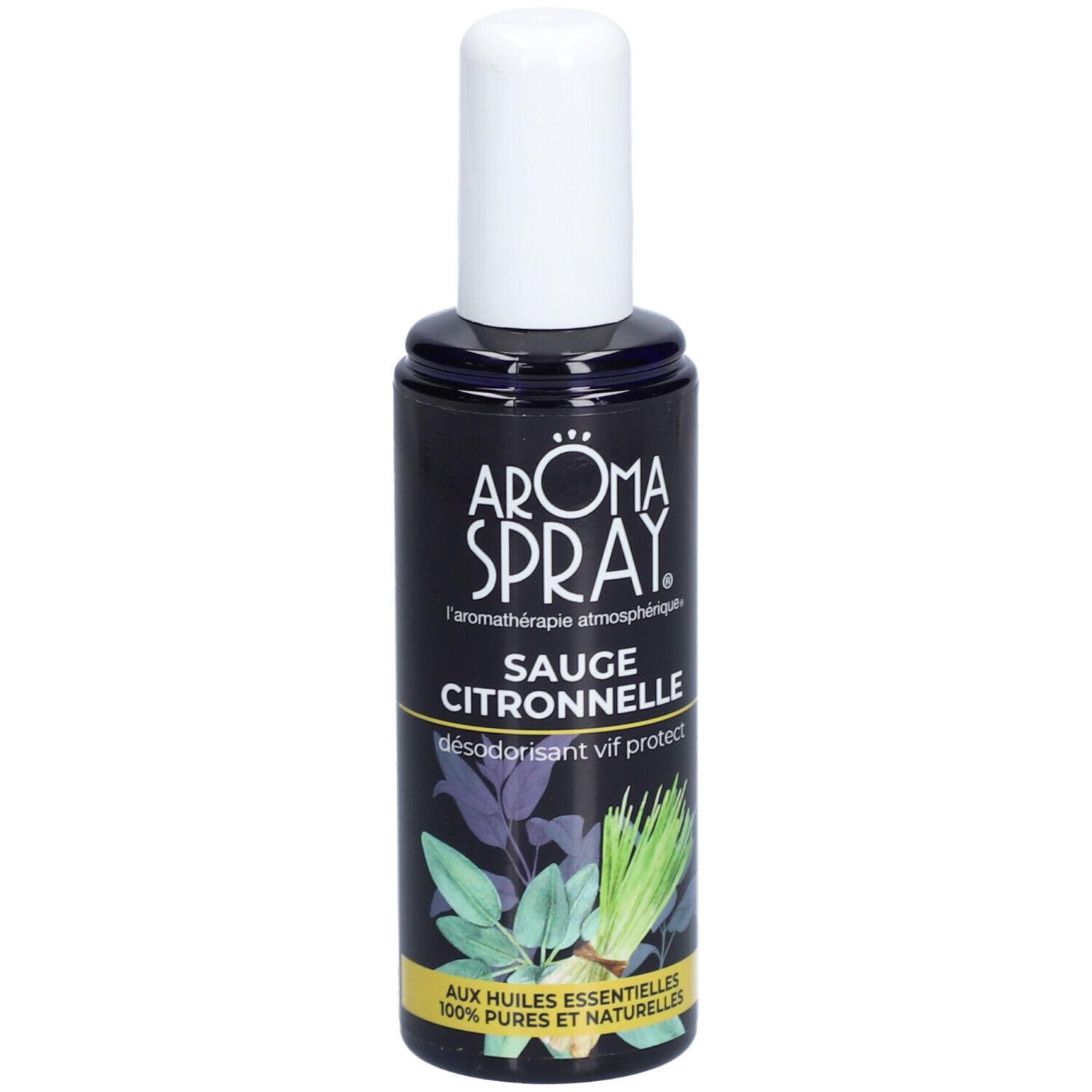 Flacon bleu foncé avec bouchon blanc. Inscription: Aroma Spray, Sauge Citronnelle. Illustrations.