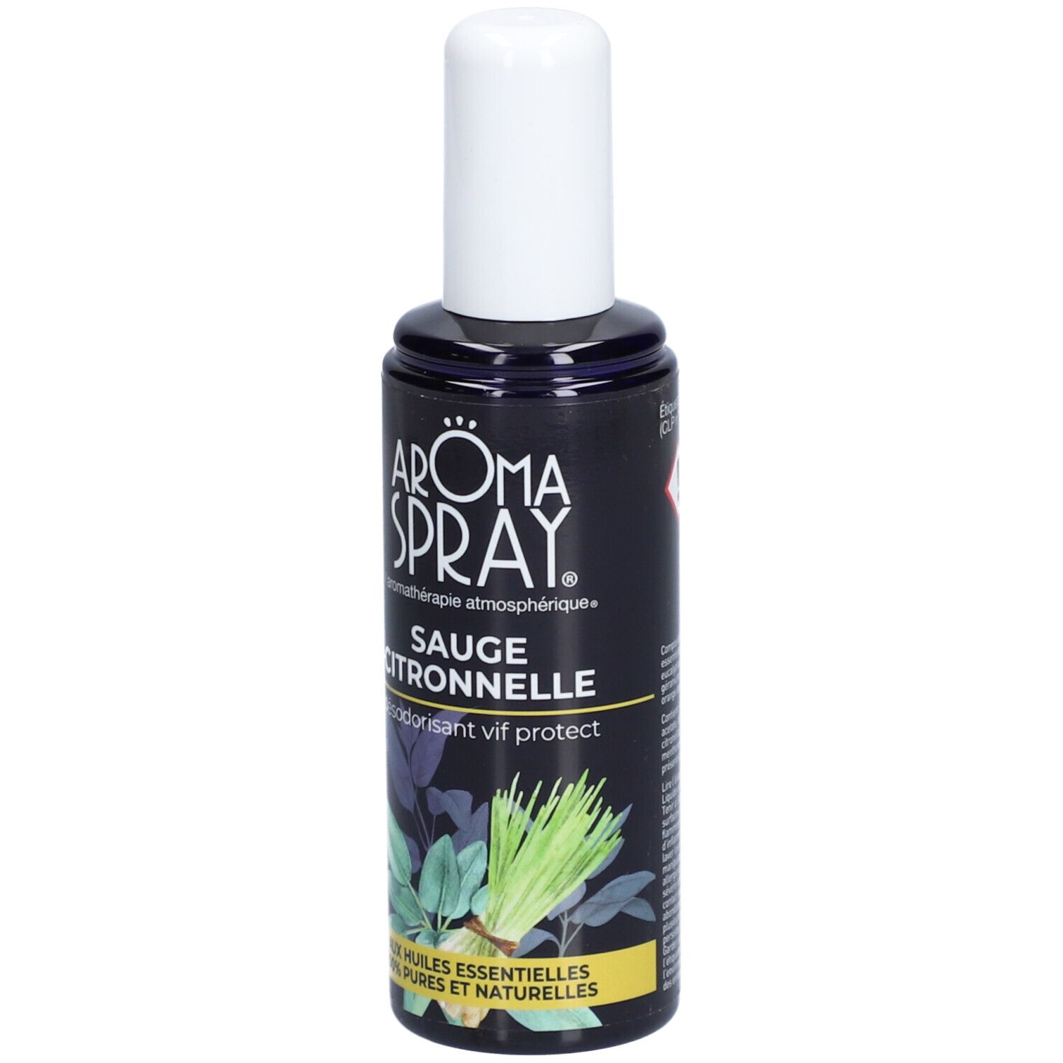 Flacon bleu foncé avec bouchon blanc. Inscription: Aroma Spray, Sauge Citronnelle. Illustrations.
