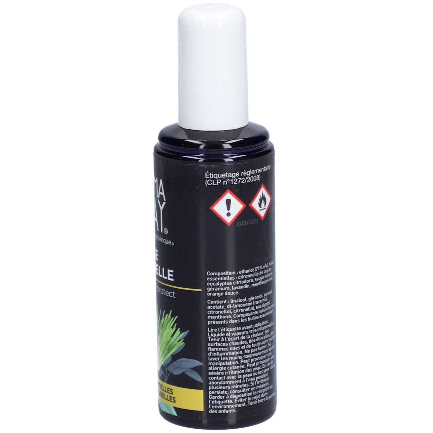 Flacon bleu foncé avec bouchon blanc. Inscription: Aroma Spray, Sauge Citronnelle. Symboles d'avertissement.