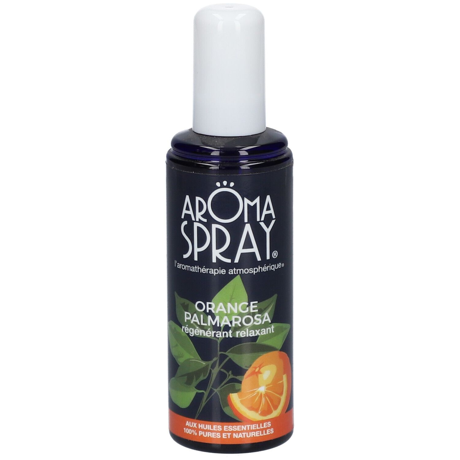 Flacon d'Aromaspray avec tête de pulvérisation blanche. Inscription : Orange Palmarosa, régénérant relaxant. Illustration d'une orange.