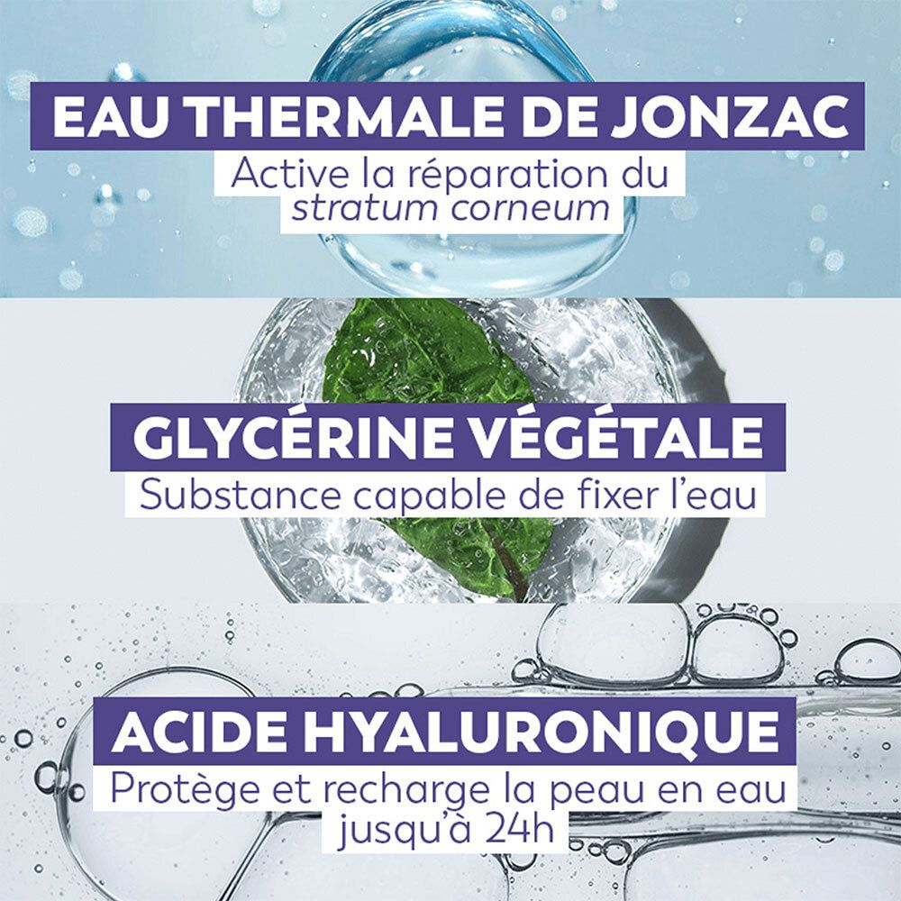 Panneaux de texte avec ingrédients : Eau Thermale de Jonzac, Glycérine Végétale, Acide Hyaluronique. Fond avec gouttes d'eau.
