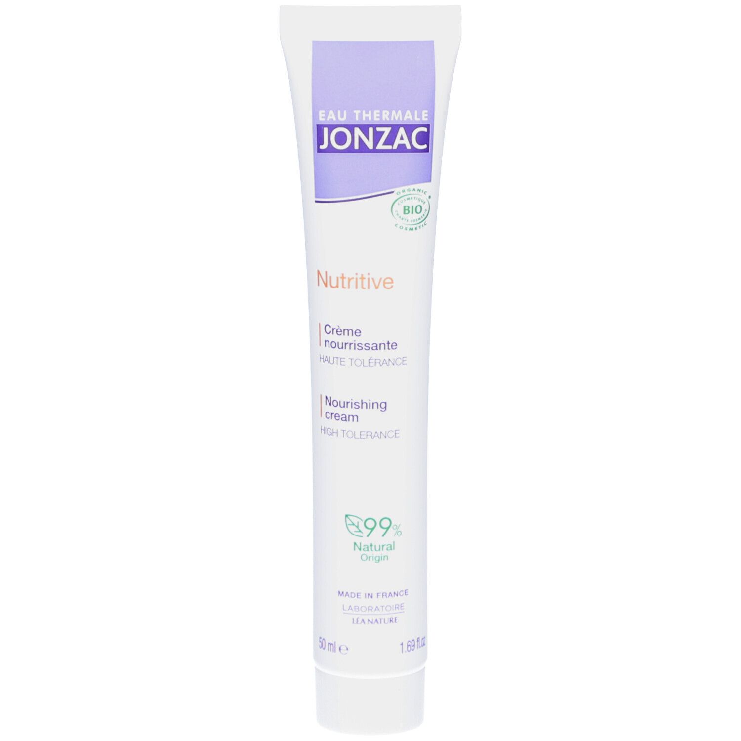 Tube blanc avec bouchon violet. Inscriptions: Eau Thermale Jonzac, Nutritive, Crème nourrissante, 99% Natural Origin.