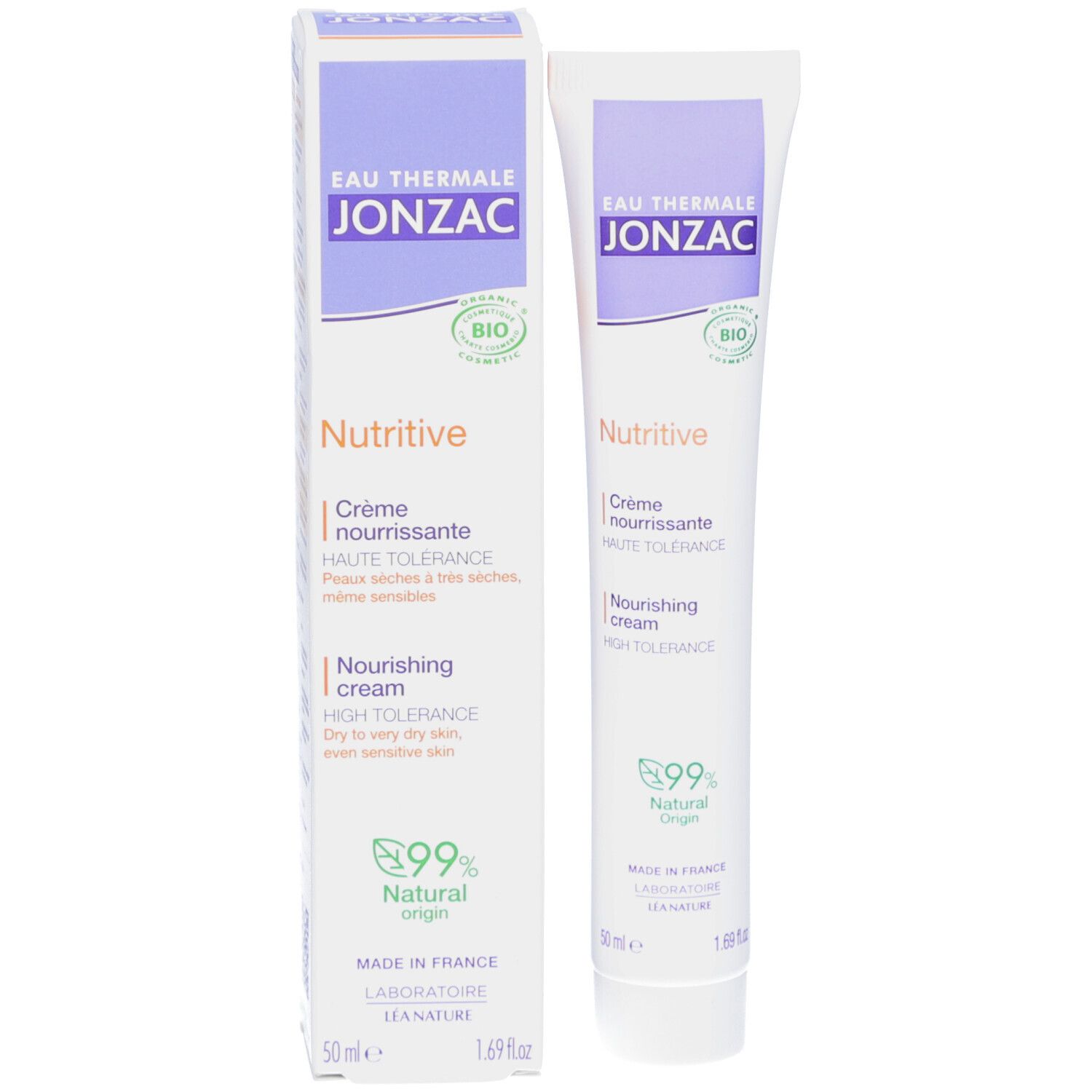 Emballage carton avec tube. Inscriptions: Eau Thermale Jonzac, Nutritive, Crème nourrissante, 99% Natural Origin. Pour peaux sèches.