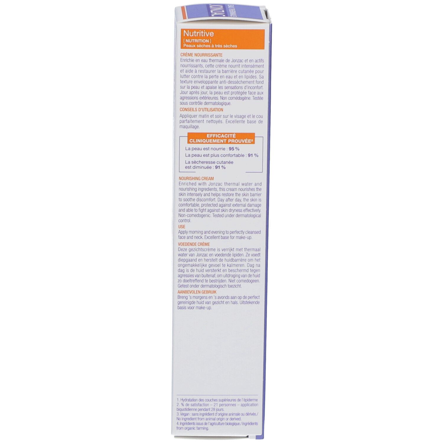 Côté de l'emballage carton. Texte multilingue. Contient des informations sur l'utilisation et les ingrédients.