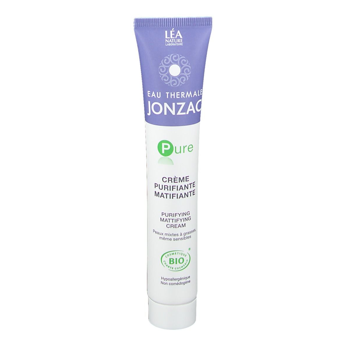 Tube avec bouchon violet. Inscription: Eau Thermale Jonzac, Pure, Crème purifiante matifiante. Label bio.