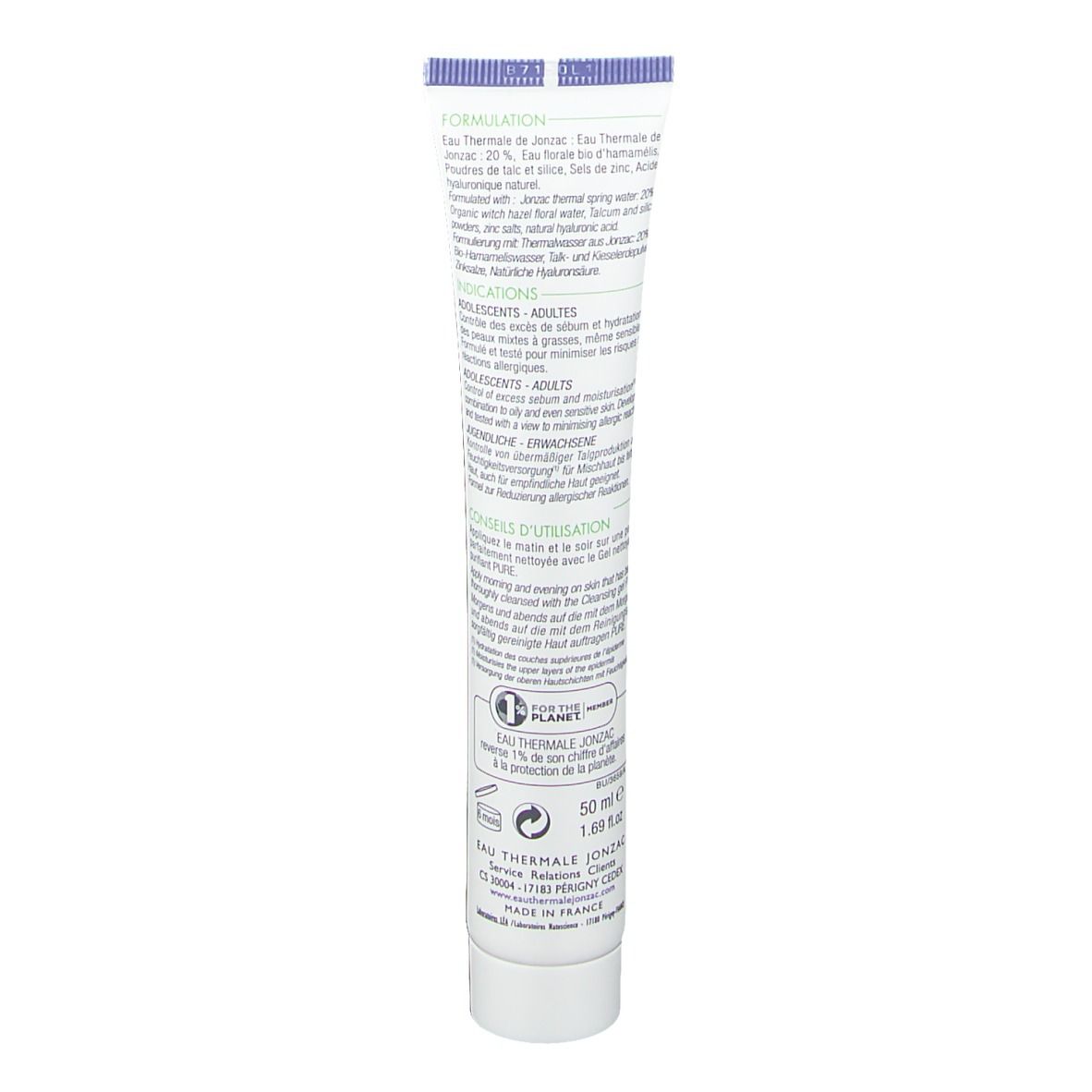 Dos du tube. Texte: Formule, ingrédients, conseils d'utilisation. Inscription: Eau Thermale Jonzac. 50 ml.