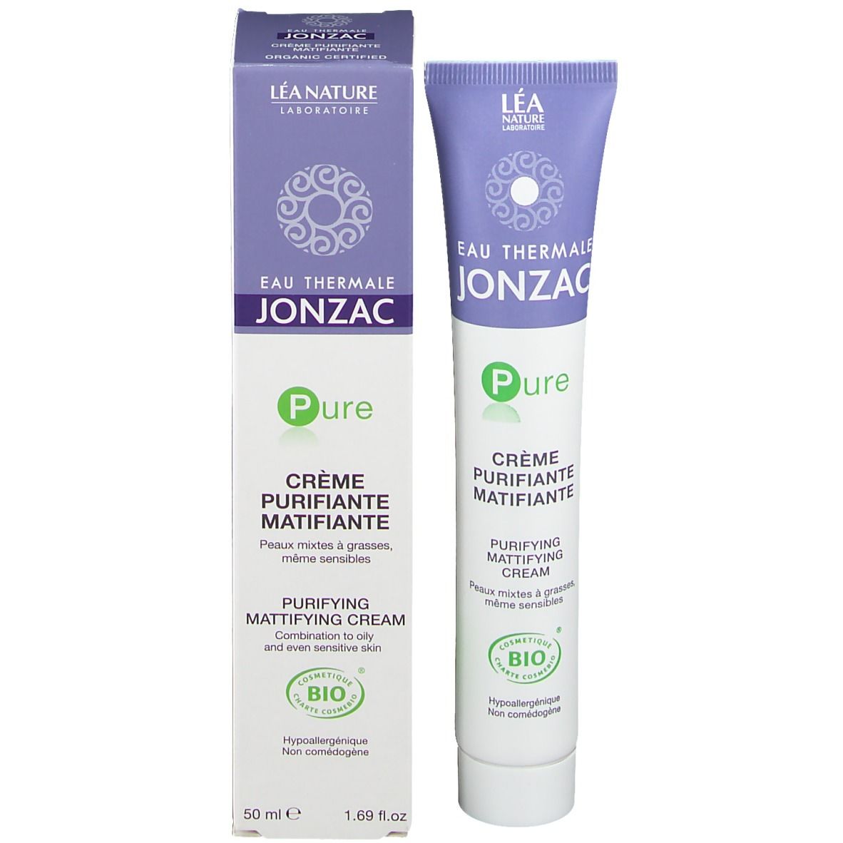 Emballage carton avec tube. Inscription: Eau Thermale Jonzac, Pure, Crème purifiante matifiante. Label bio.