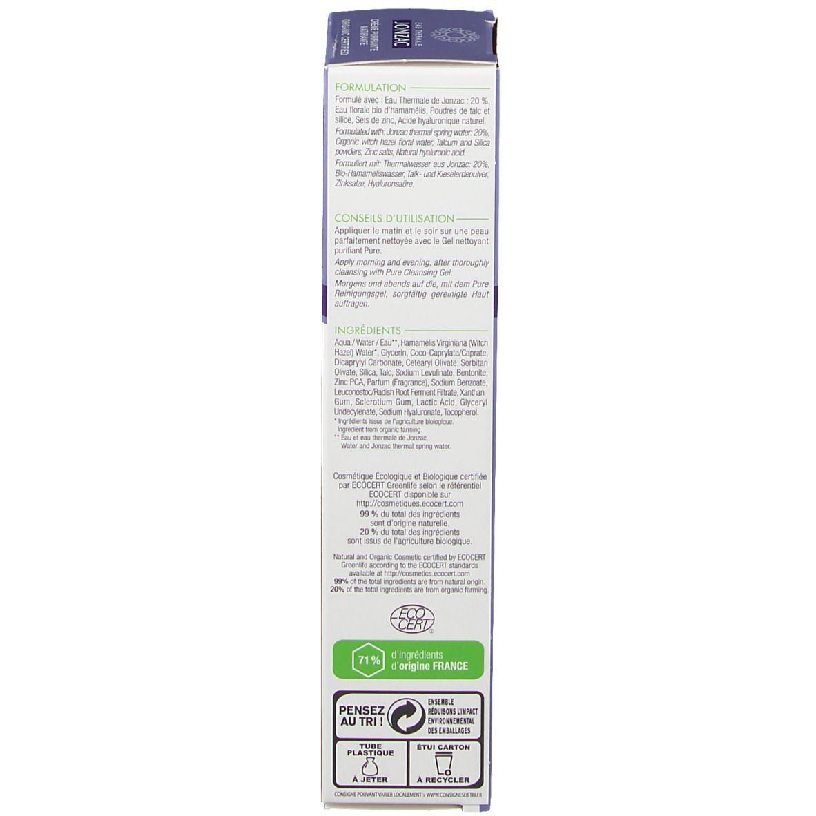 Dos de l'emballage carton. Texte: Formule, conseils d'utilisation, ingrédients. Label bio. 71% ingrédients naturels.