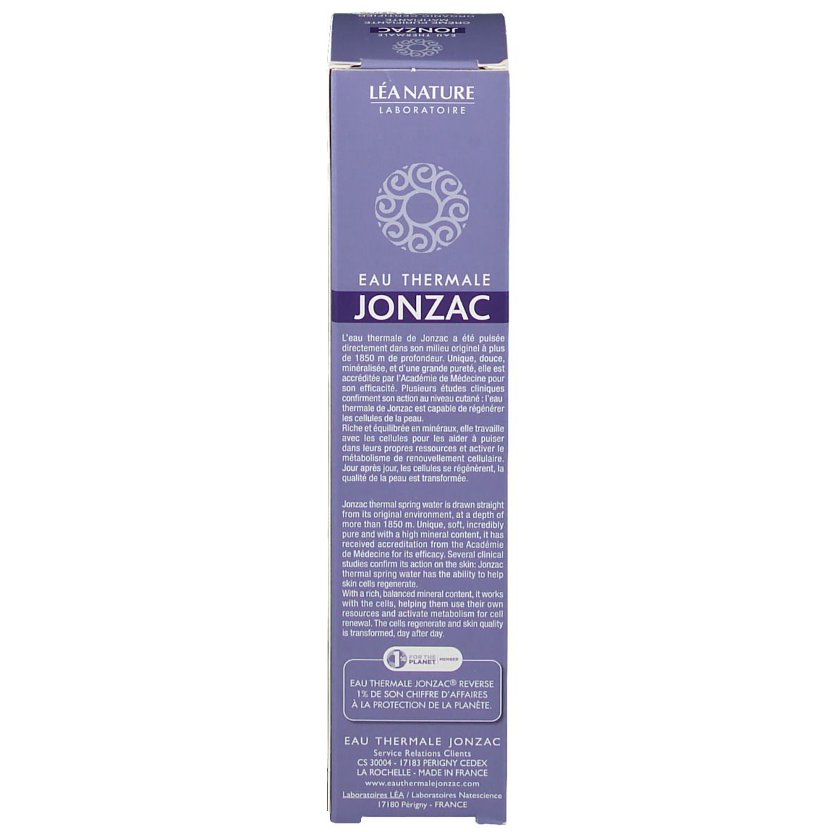 Côté de l'emballage carton. Texte: Eau Thermale Jonzac, informations sur l'eau thermale. Fabriqué en France.