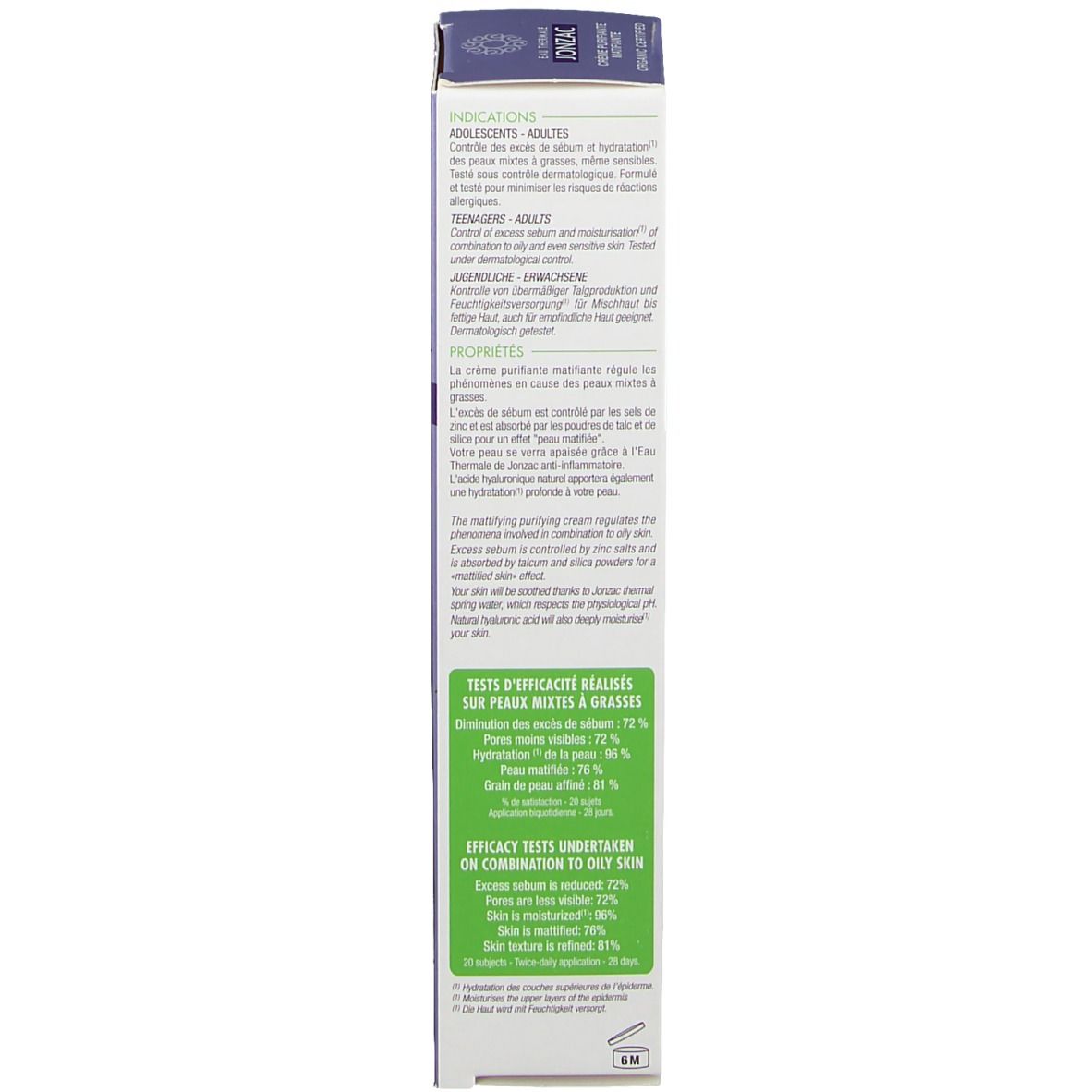 Côté de l'emballage carton. Texte: Indications, propriétés, résultats des tests. Label bio. 6M.