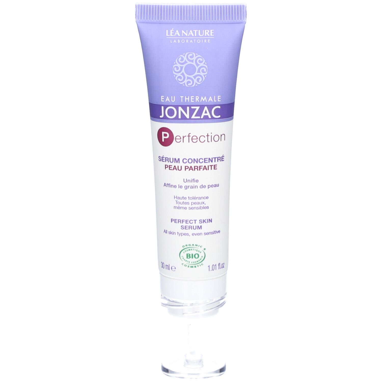 Tube de sérum Eau Thermale Jonzac Perfection. Inscription et logo BIO. Tube violet et blanc.