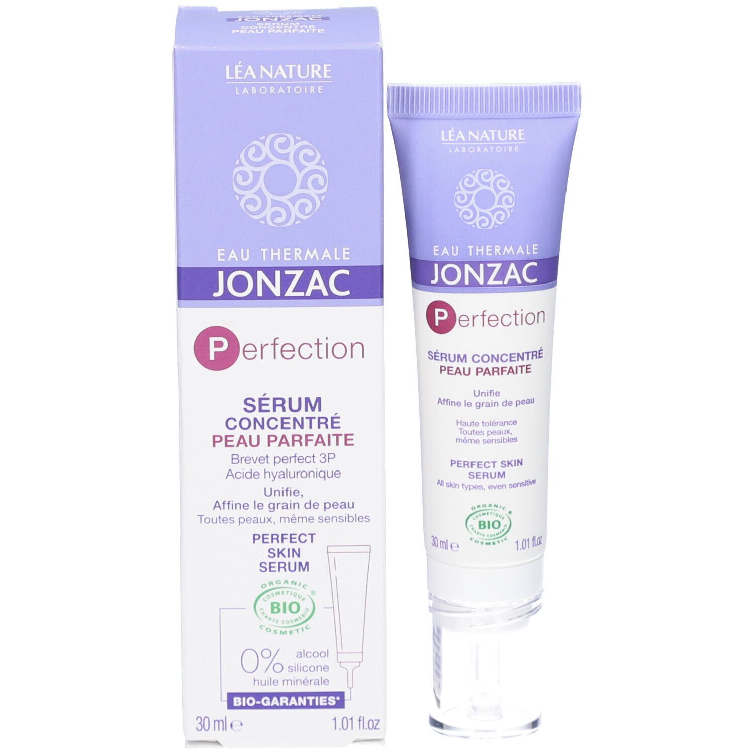 Emballage carton avec tube. Sérum Eau Thermale Jonzac Perfection. Certification BIO. 0% alcool, silicone, huile minérale.