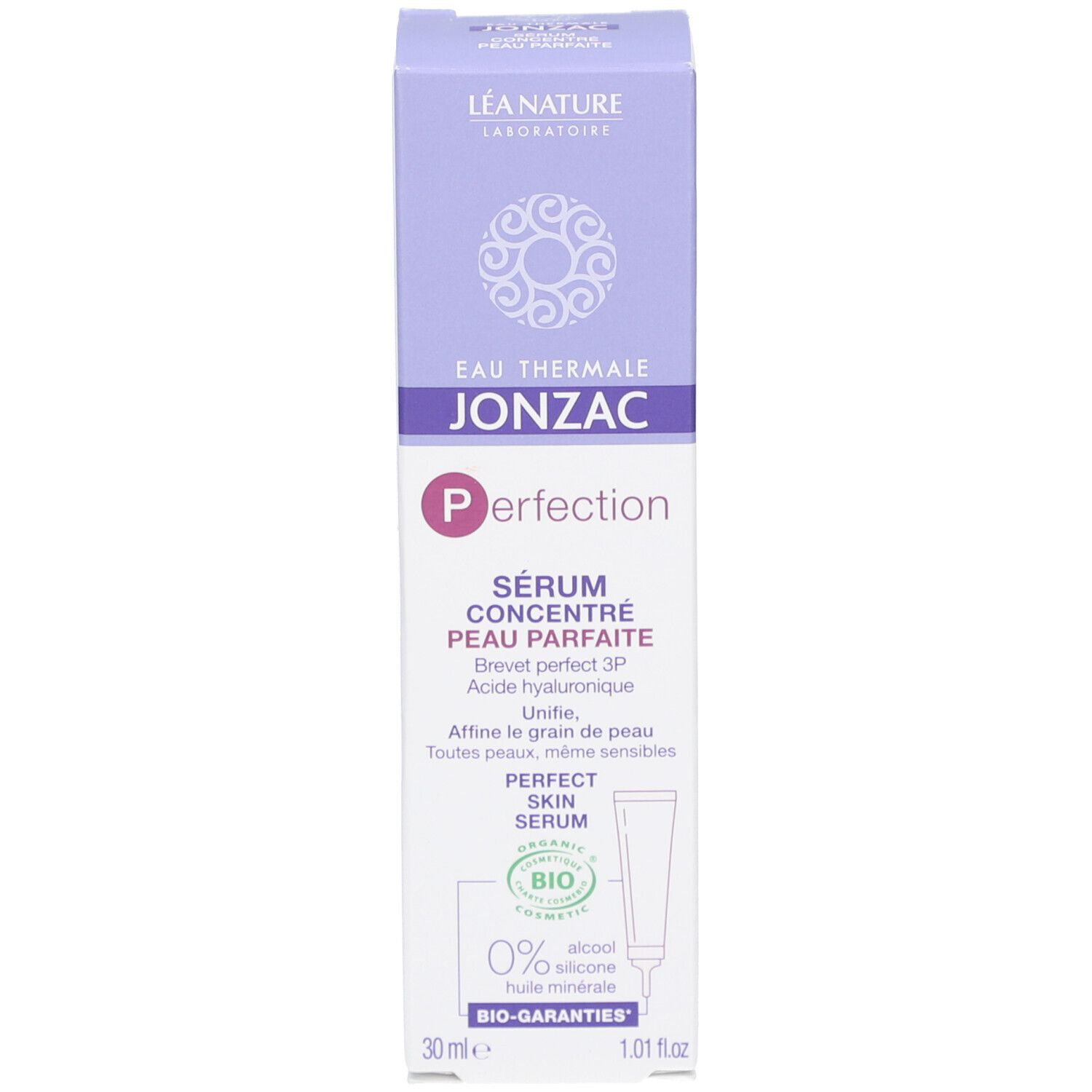 Emballage carton. Inscription: Eau Thermale Jonzac, Perfection Sérum. Certification BIO. 0% alcool, silicone, huile minérale.