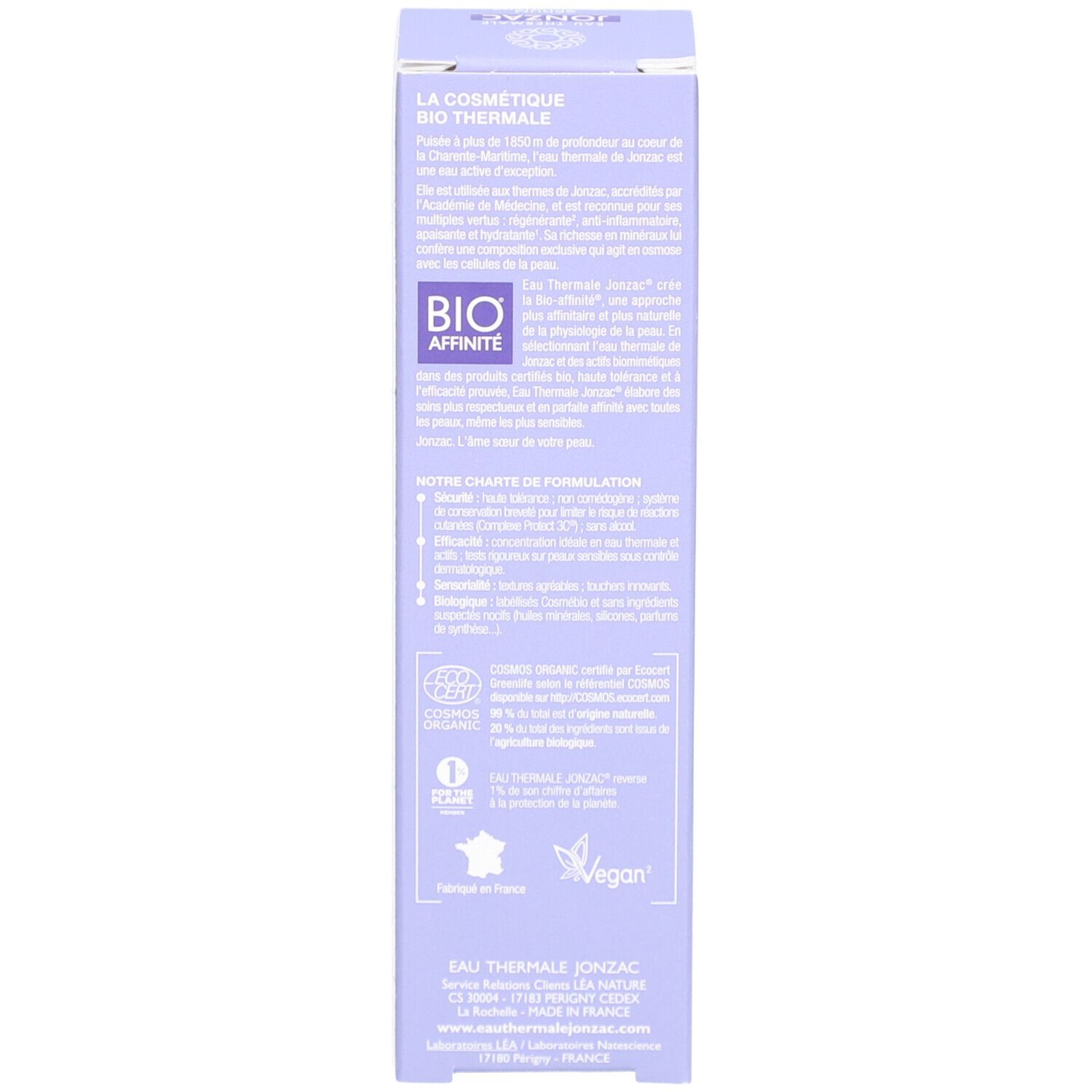 Côté de l'emballage carton. Inscriptions: Bio Affinité, Bio Thermale.