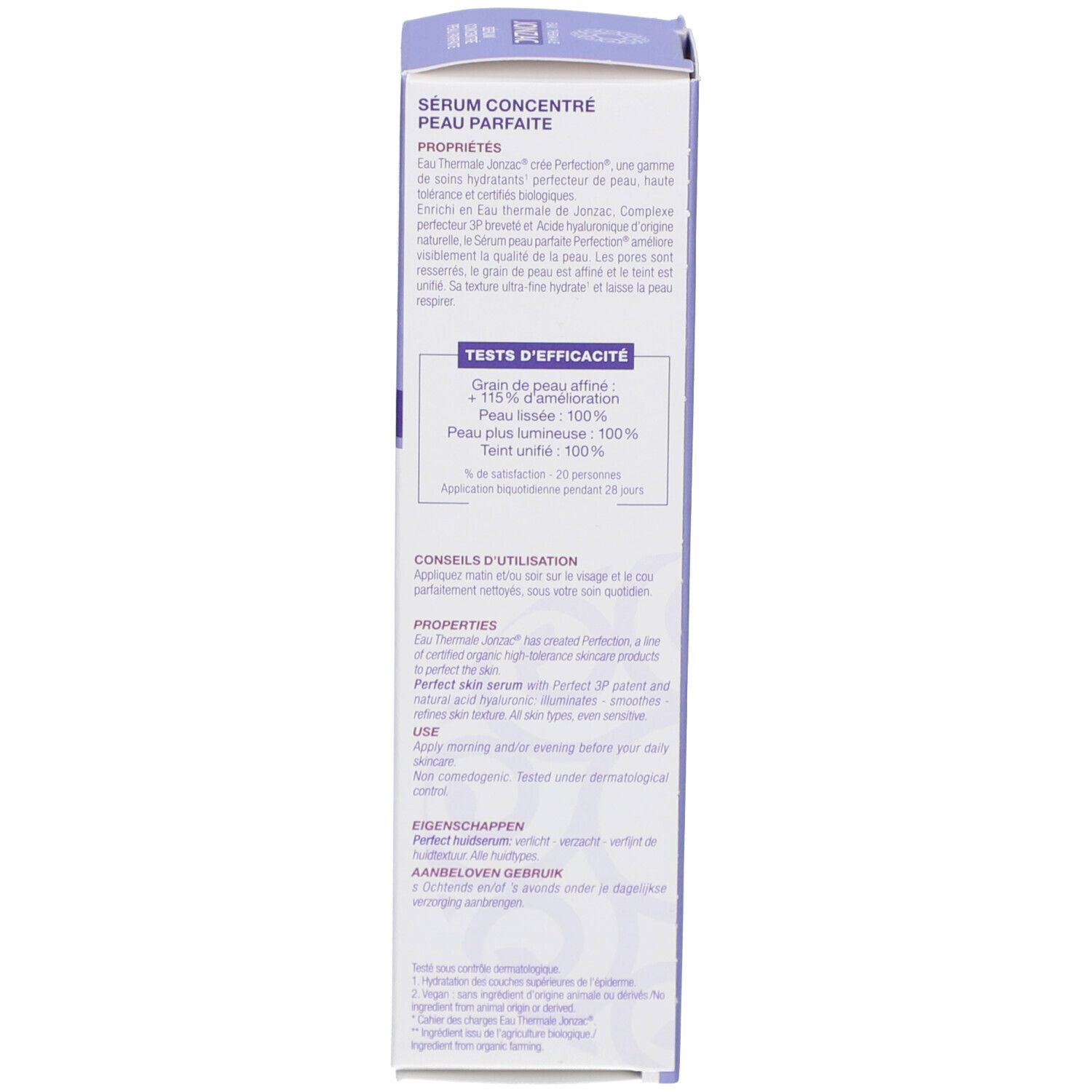 Côté de l'emballage carton. Inscriptions: Propriétés, conseils d'utilisation, résultats des tests.