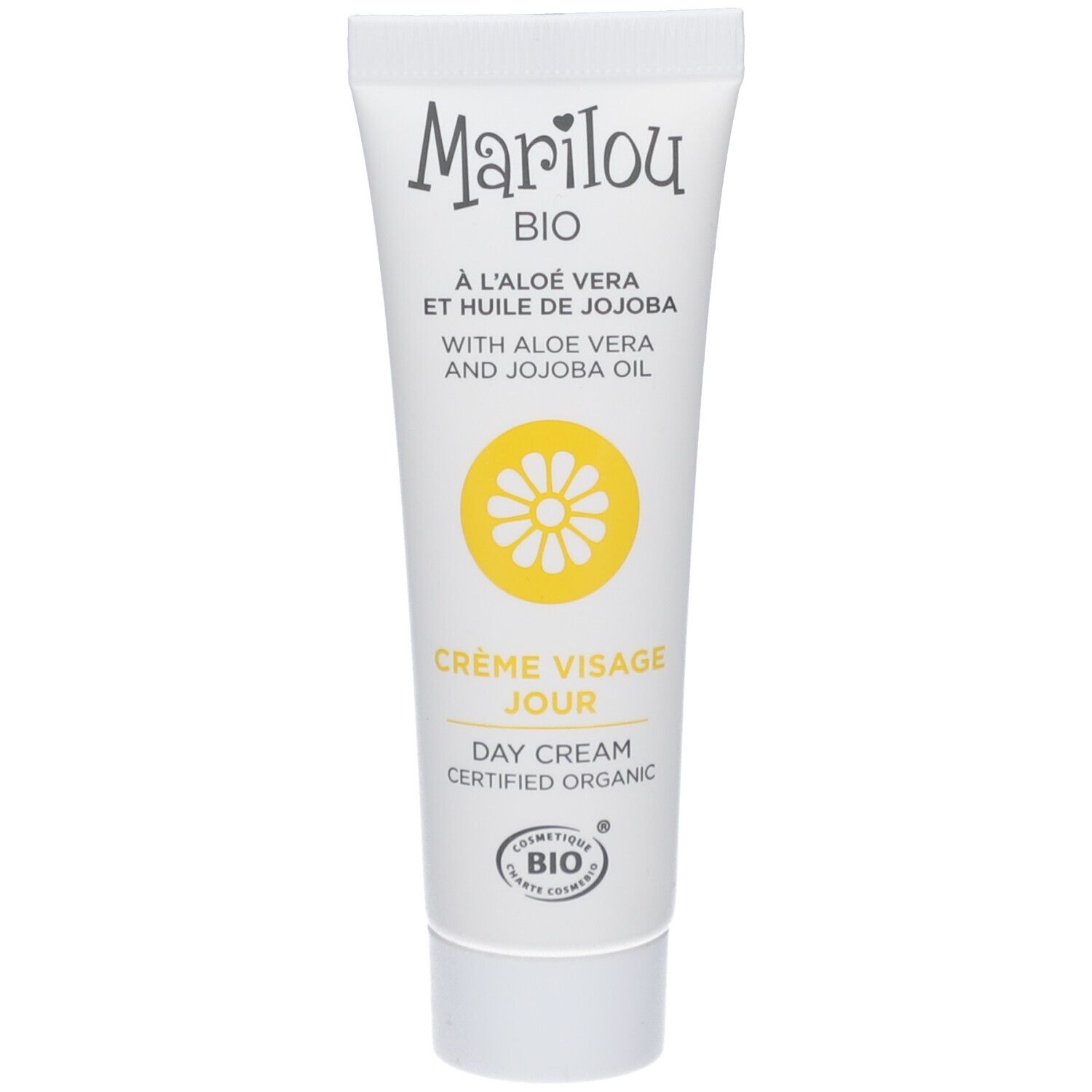 Tube blanc avec logo Marilou Bio, motif floral jaune et texte. Contient de l'aloe vera et de l'huile de jojoba. Crème de jour, certifié bio.