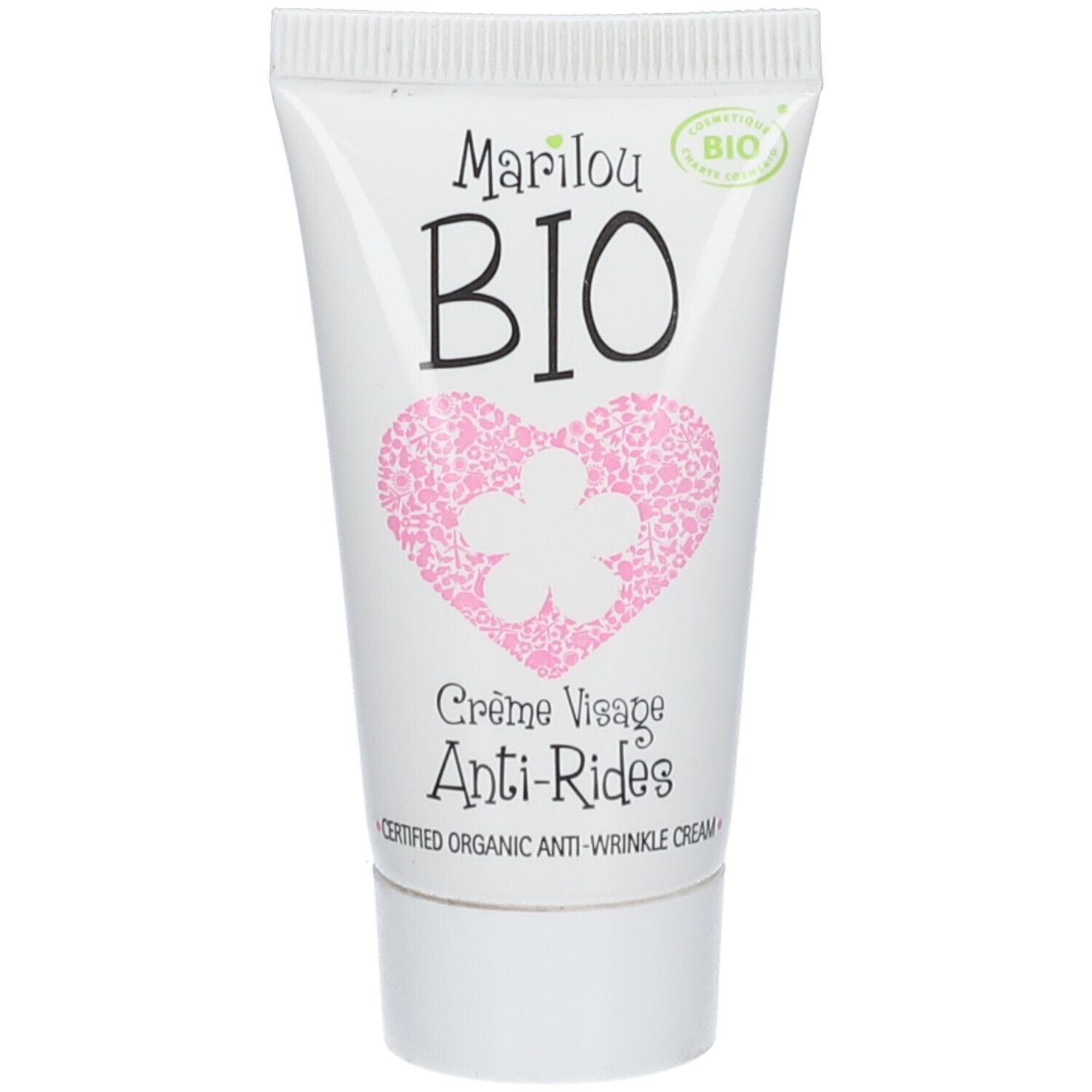 Tube blanc avec logo Marilou Bio, motif cœur-fleur rose et texte "Crème Visage Anti-Rides". Certification bio.