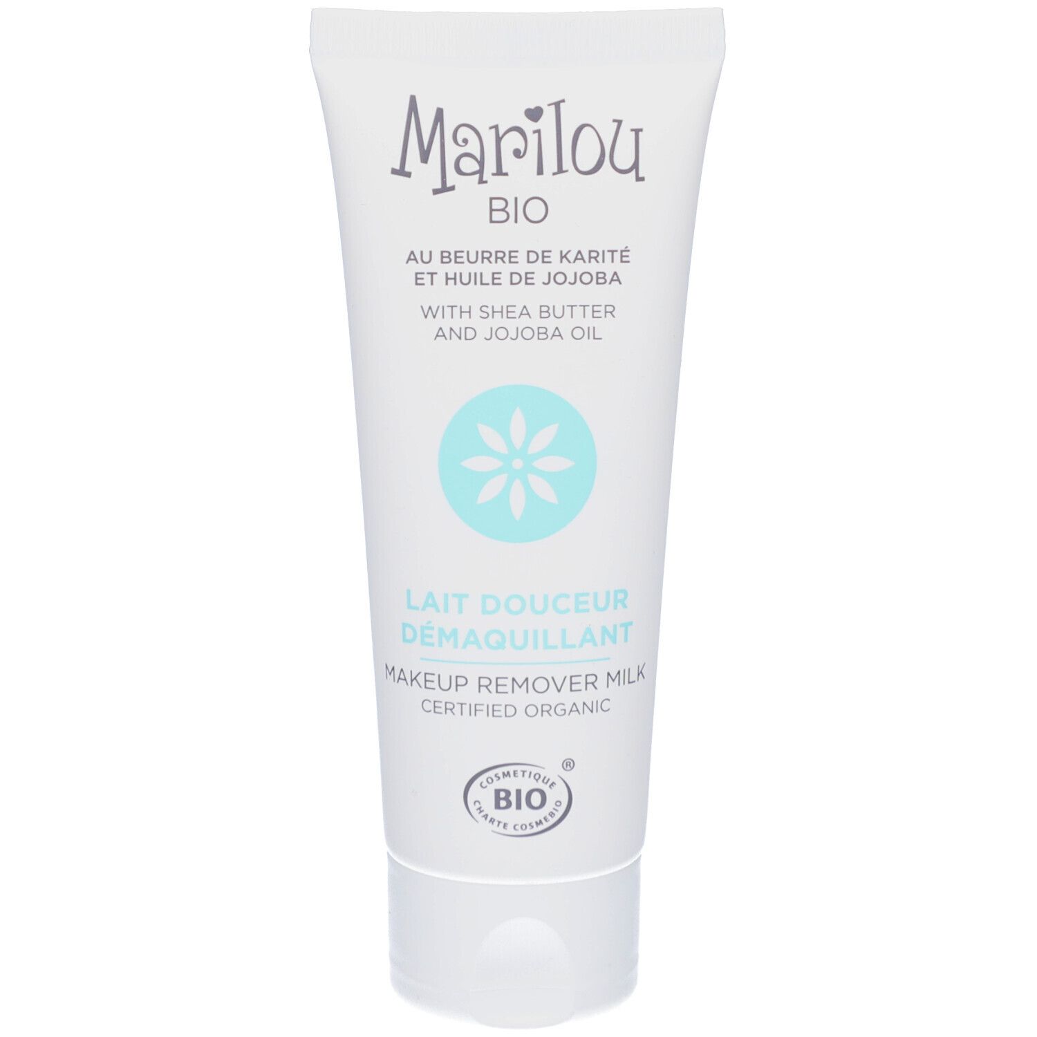 Tube blanc avec logo Marilou Bio. Texte: Au beurre de karité et huile de jojoba. Label Bio. Lait Douceur Démaquillant.
