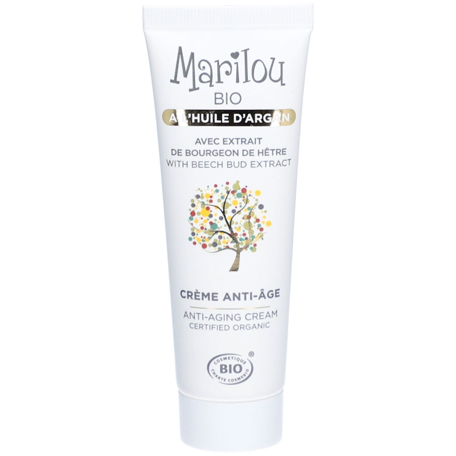 Tube blanc Marilou Bio. Texte A l'Huile d'Argan et illustration d'arbre. Crème Anti-Âge. Label Cosmétique Bio.
