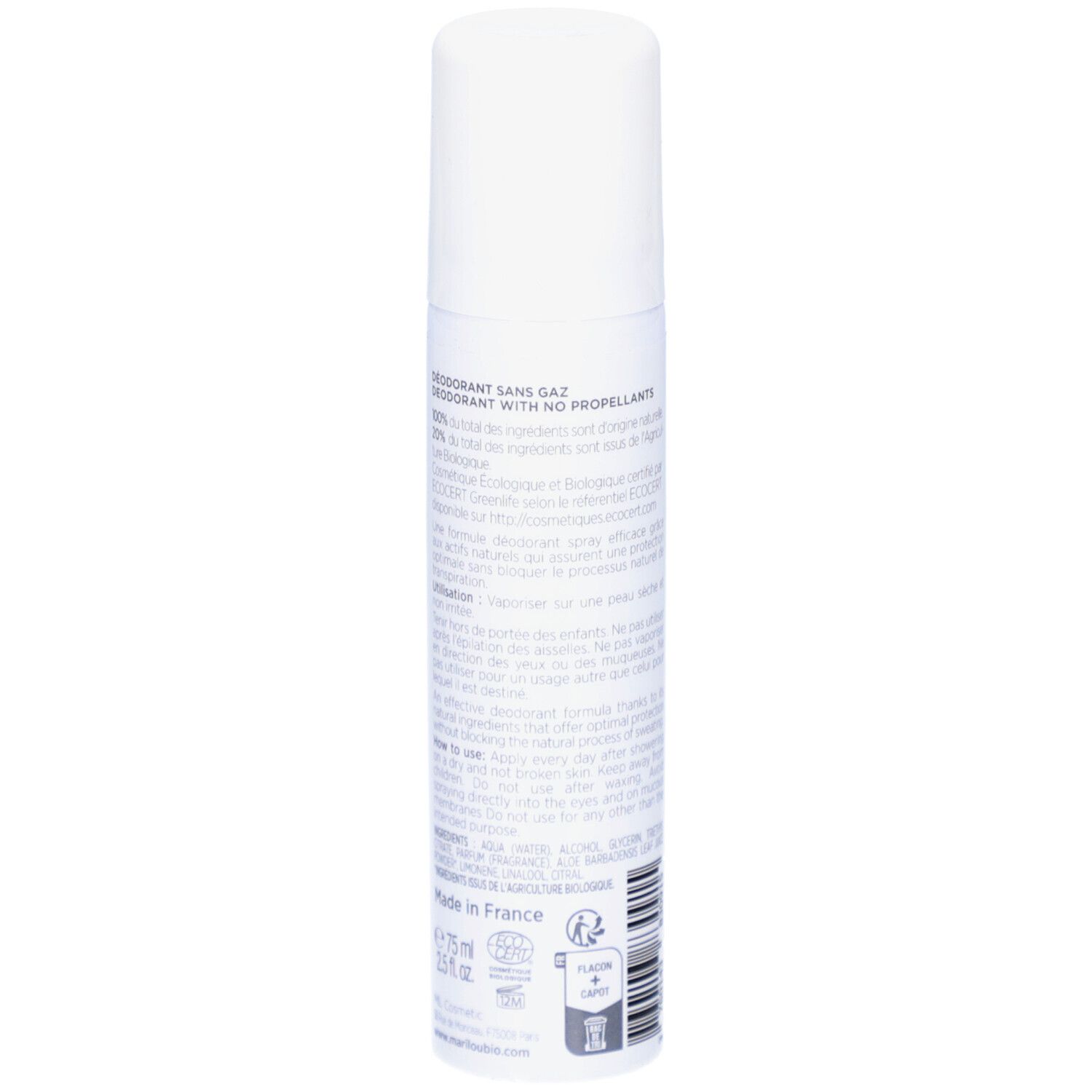 Spray déodorant blanc au thé vert. Dos avec texte. Marque Marilou Bio. Avec bouchon. Fabriqué en France.
