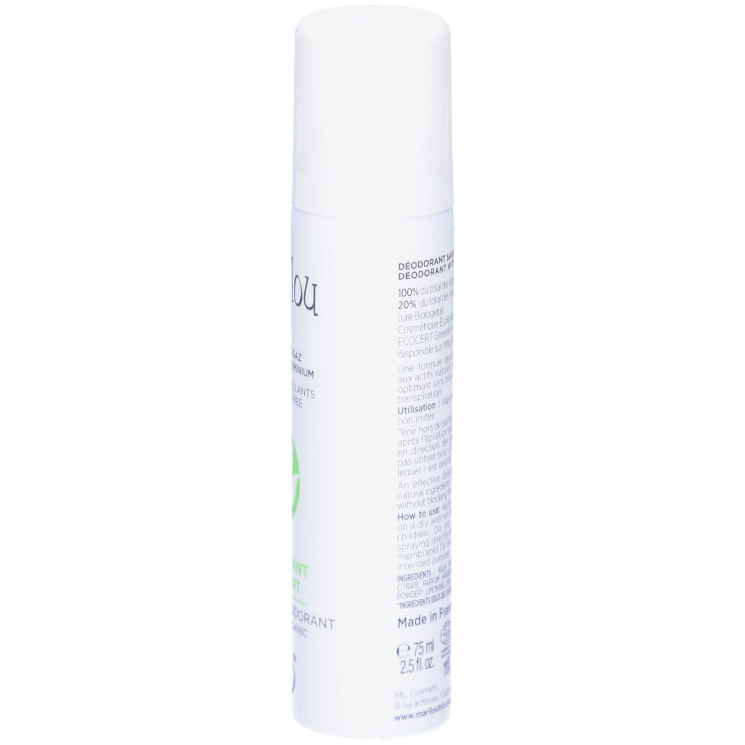 Spray déodorant blanc au thé vert. Dos avec texte. Marque Marilou Bio. Avec bouchon. Sans gaz.